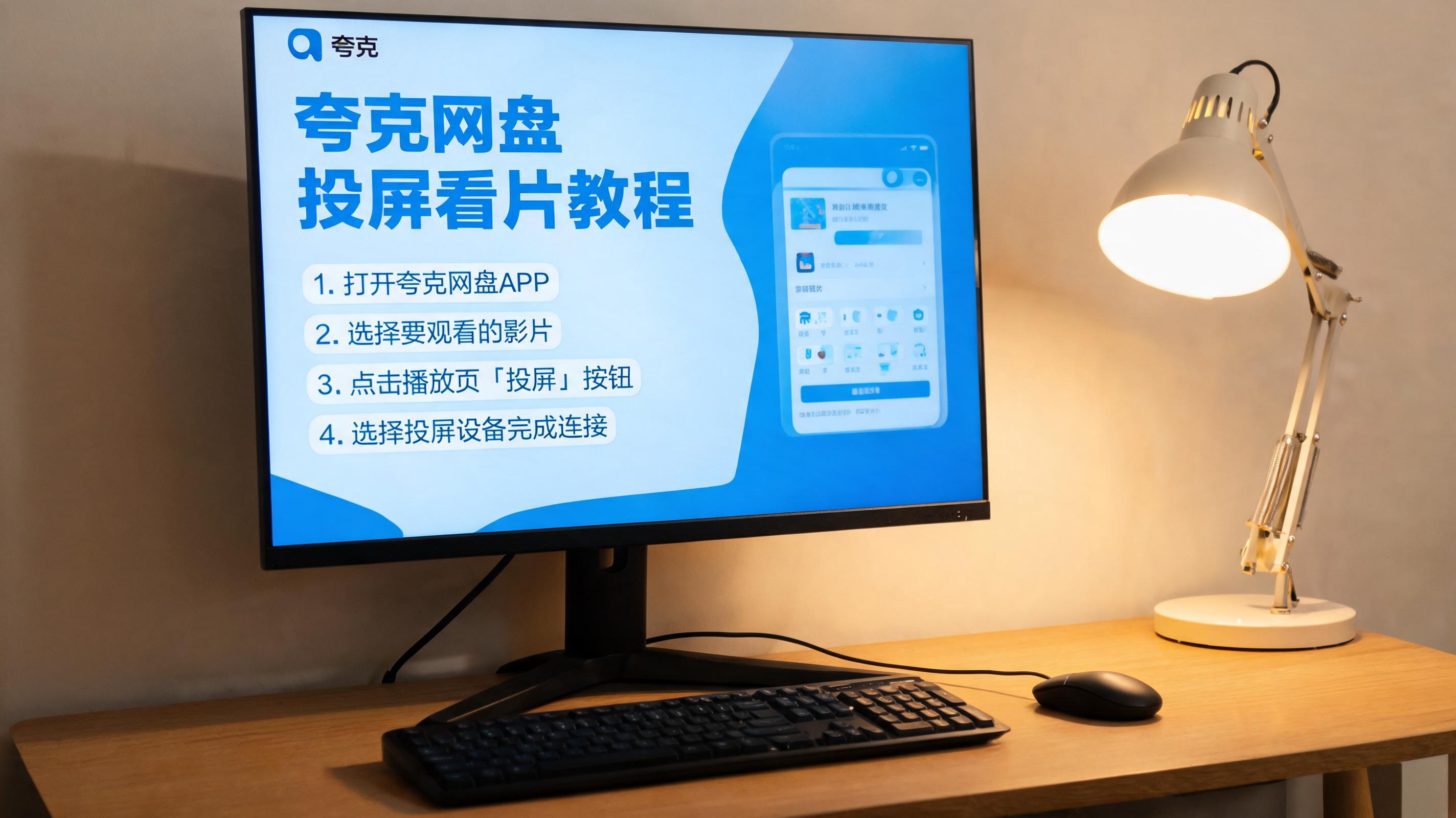 电脑桌上的屏幕，屏幕显示夸克网盘投屏看片教程界面，旁边放着台灯