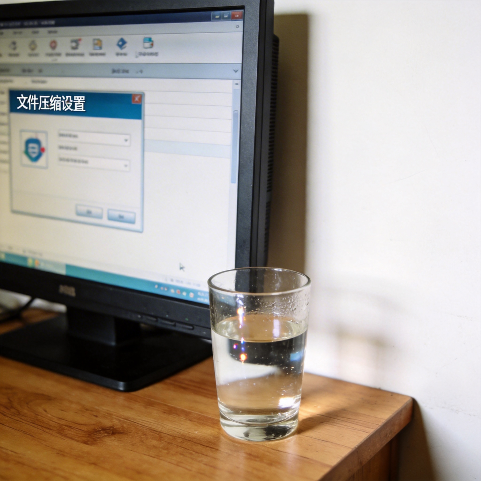 书桌上的主机，屏幕显示文件压缩设置界面，桌角放着水杯，自然光