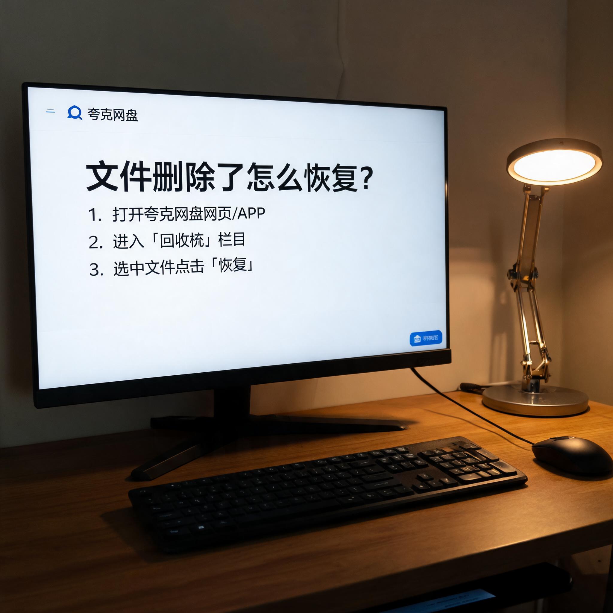 电脑桌上的电脑，屏幕显示夸克网盘文件删除了怎么恢复界面，旁边放着台灯