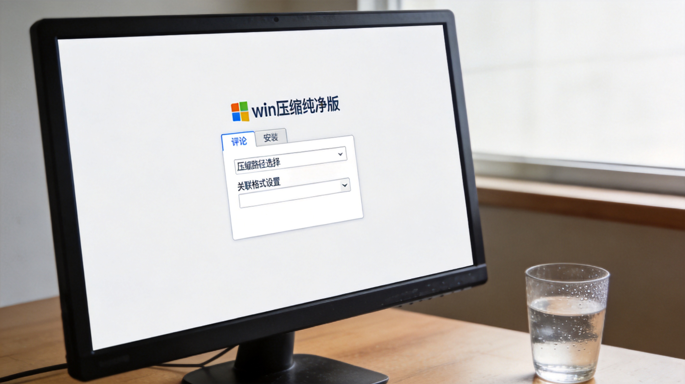 电脑桌面，屏幕显示win压缩纯净版无捆绑的安装界面，只有压缩路径选择和关联格式设置选项，桌面一角放着半杯水，室内自然光