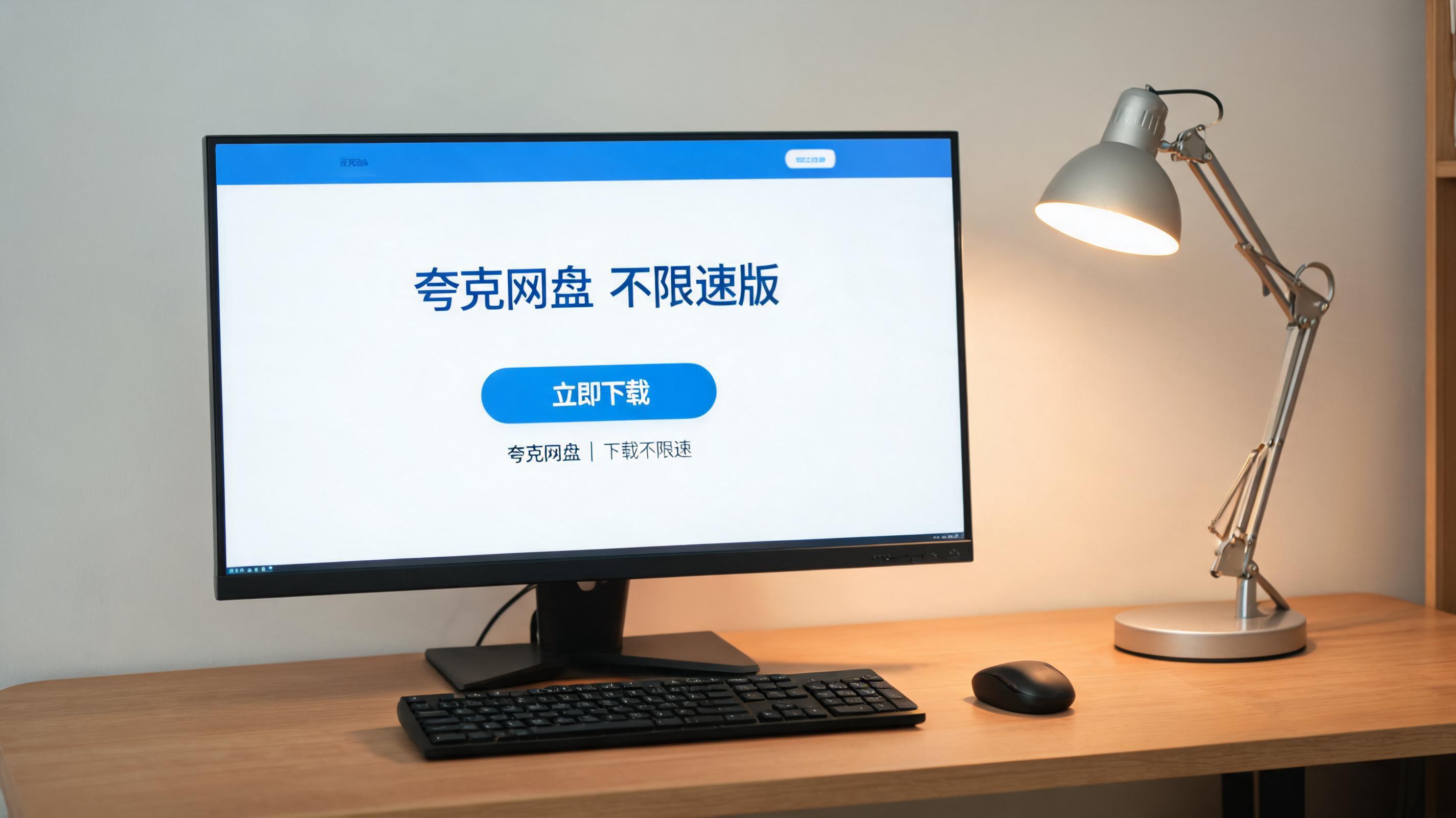 电脑桌上的电脑，屏幕显示夸克网盘不限速版下载界面，旁边放着台灯