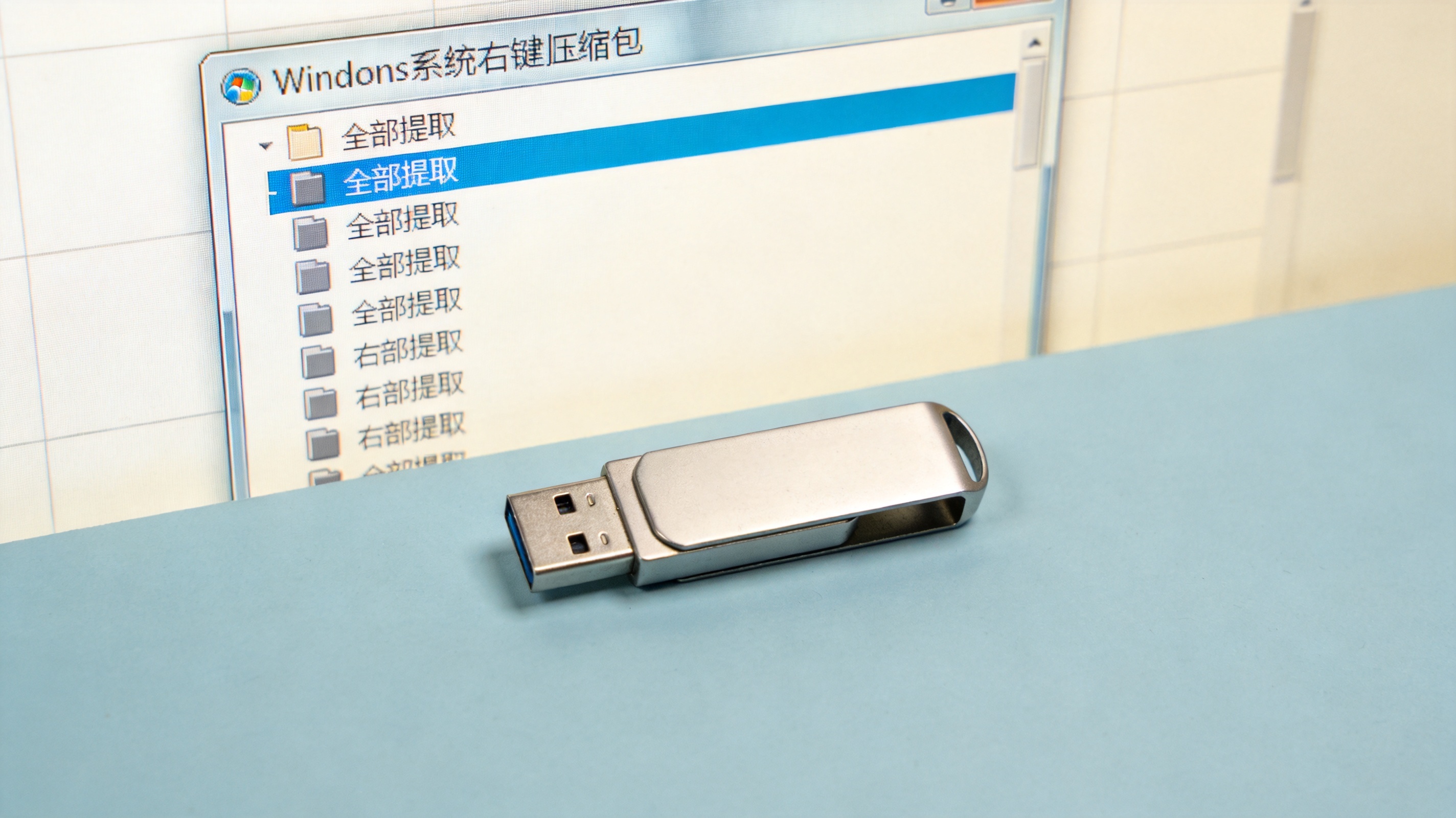 电脑桌面放着U盘，屏幕显示Windows系统右键压缩包弹出的菜单，其中“全部提取”选项高亮，室内自然光