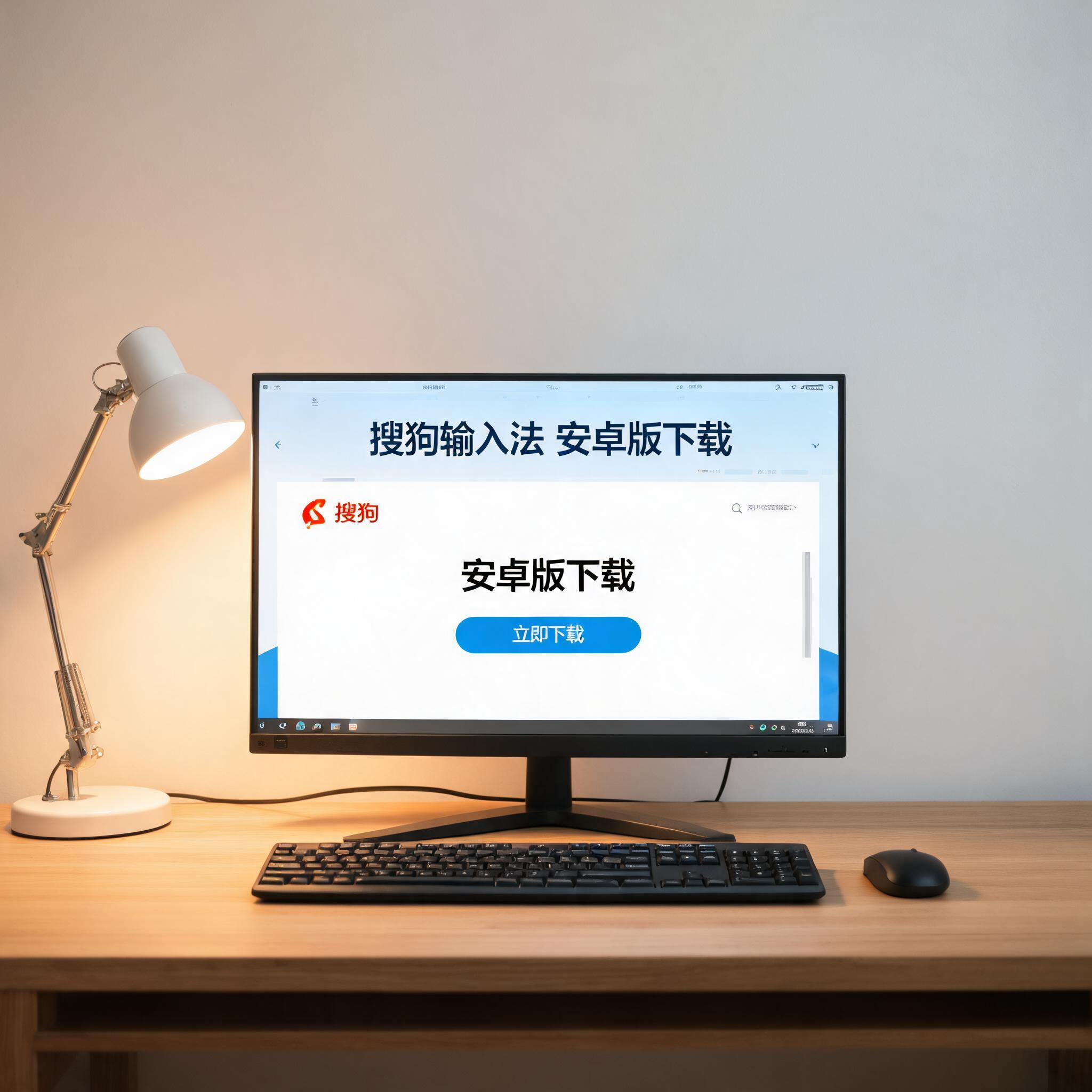 电脑桌上的电脑，屏幕显示搜狗输入法安卓版下载界面，旁边放着台灯