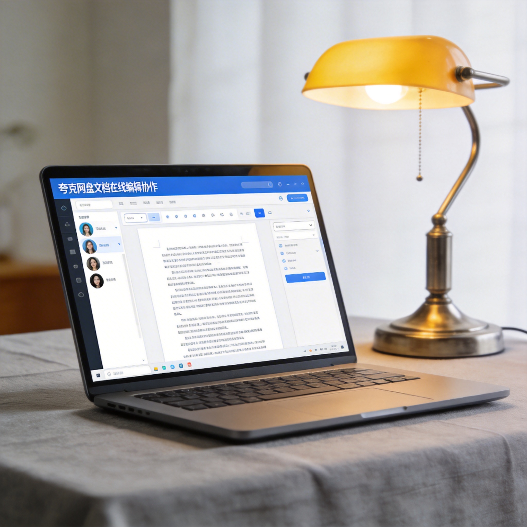 电脑桌上的电脑，屏幕显示夸克网盘文档在线编辑协作界面，旁边放着台灯