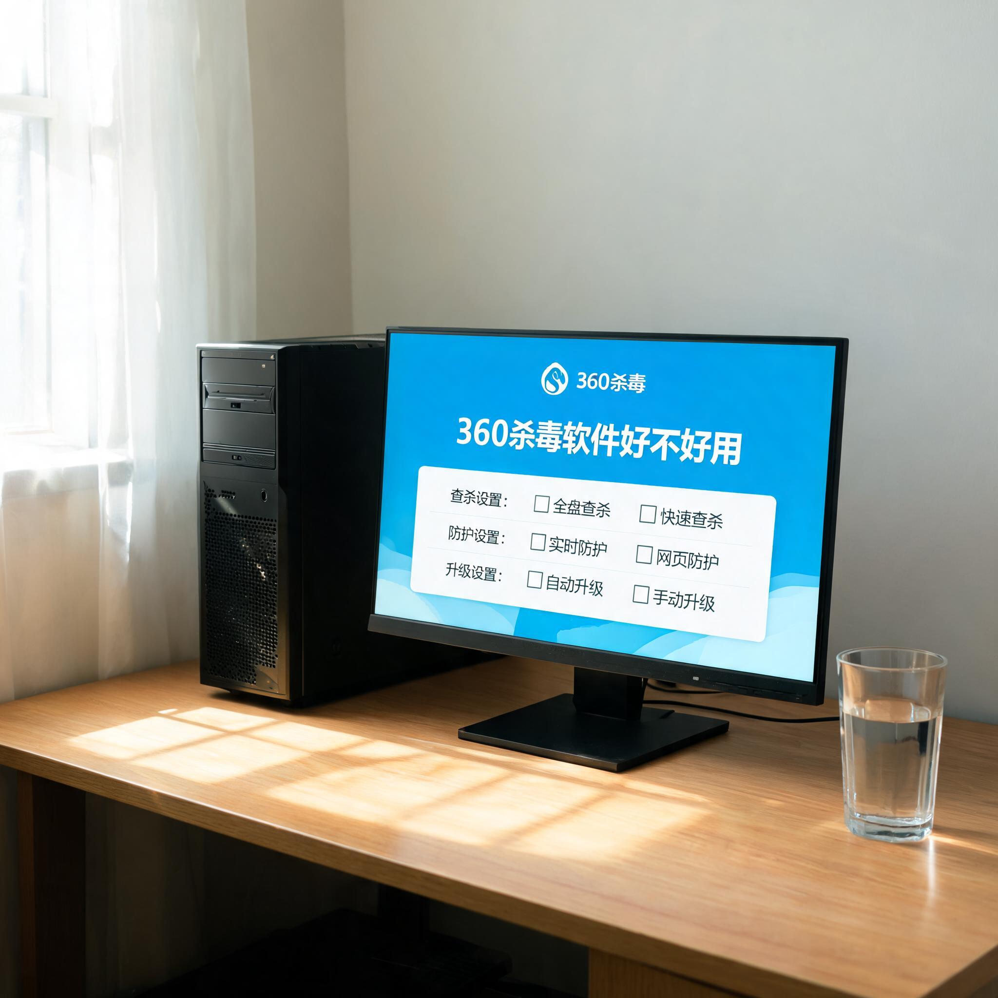 书桌上的主机，屏幕显示360 杀毒软件好不好用设置界面，桌角放着水杯，自然光