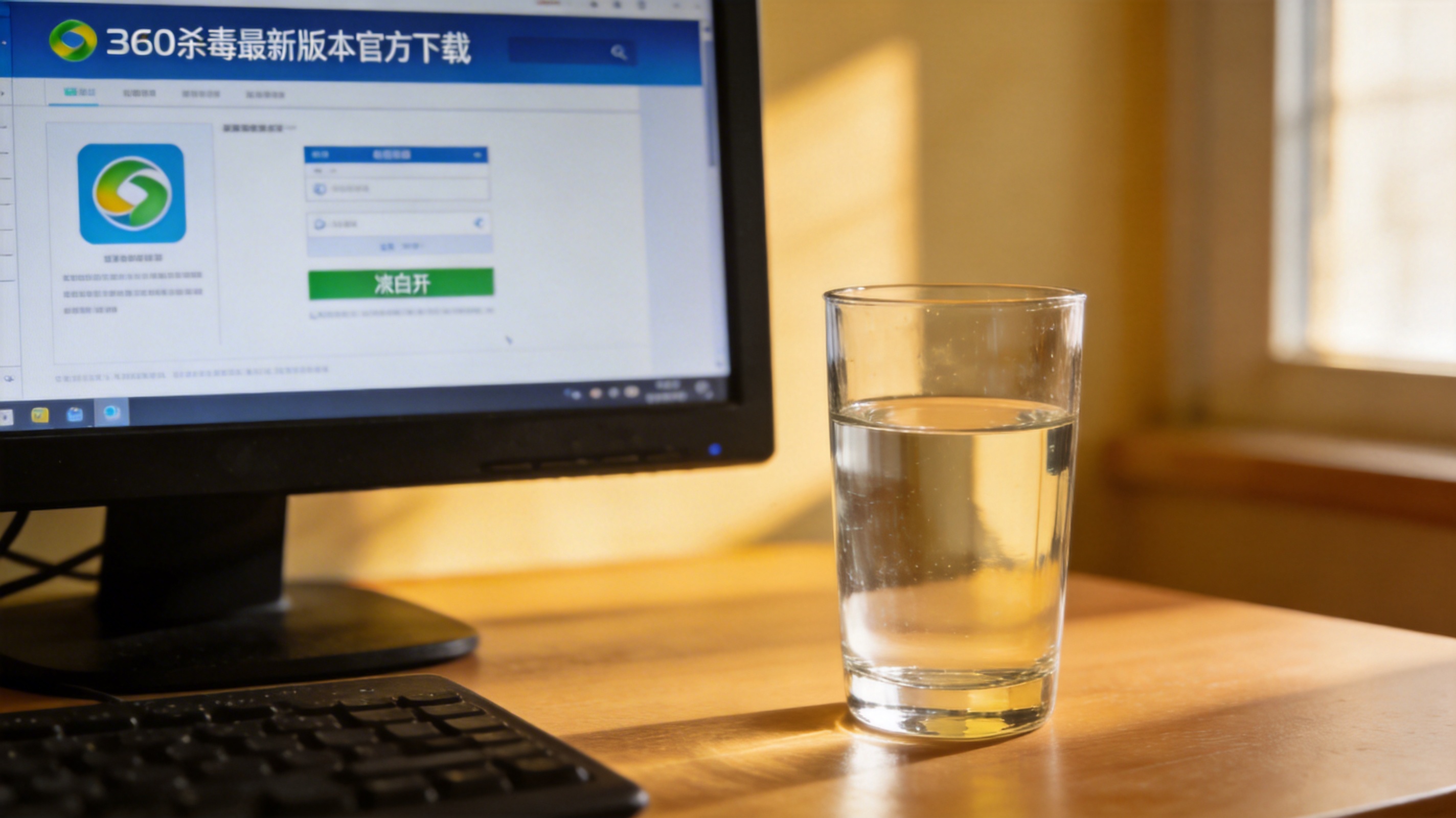 电脑桌面，屏幕显示360杀毒最新版本的官方下载页面，旁边放着半杯凉白开，室内自然光