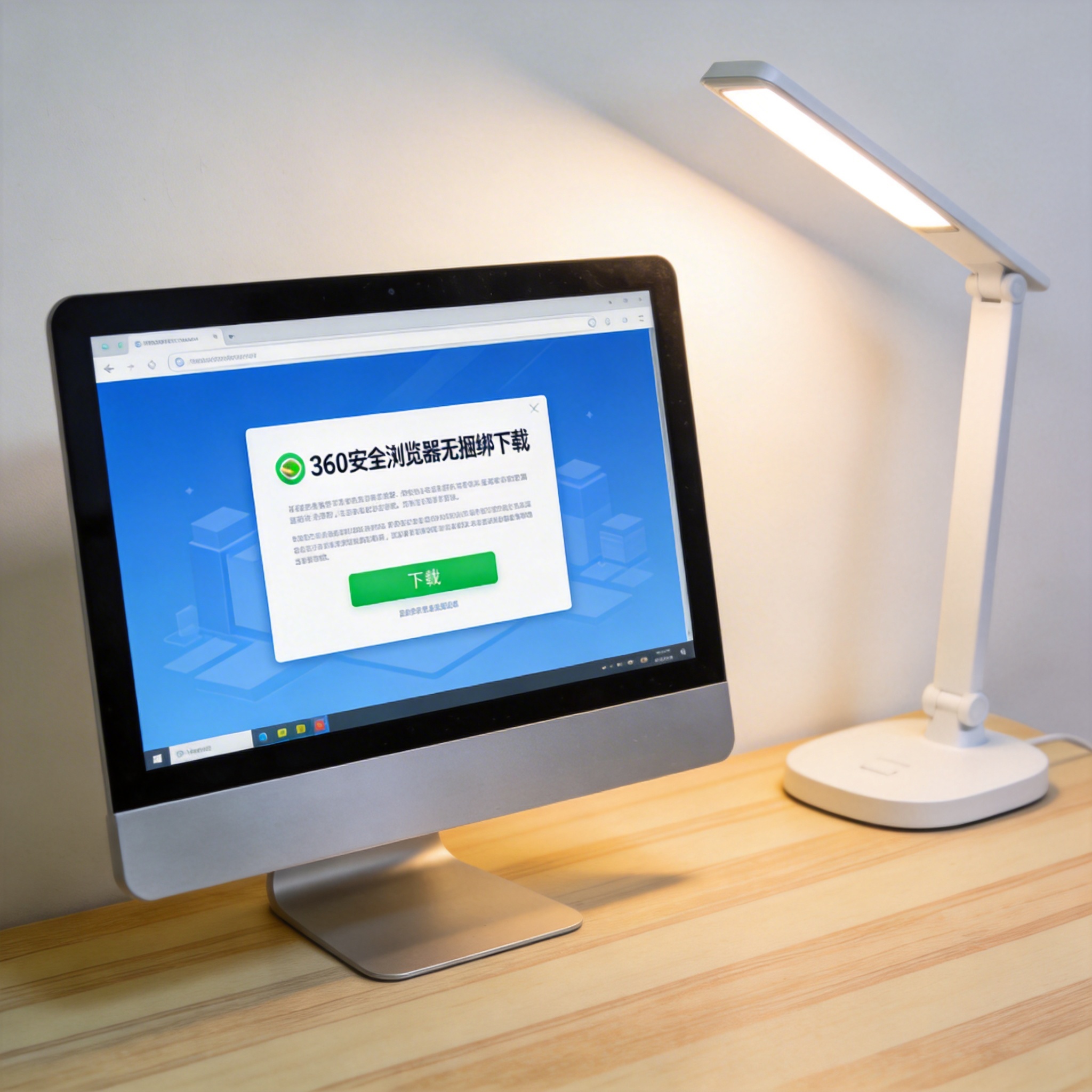 电脑桌上的电脑，屏幕显示360 安全浏览器无捆绑下载界面，旁边放着台灯