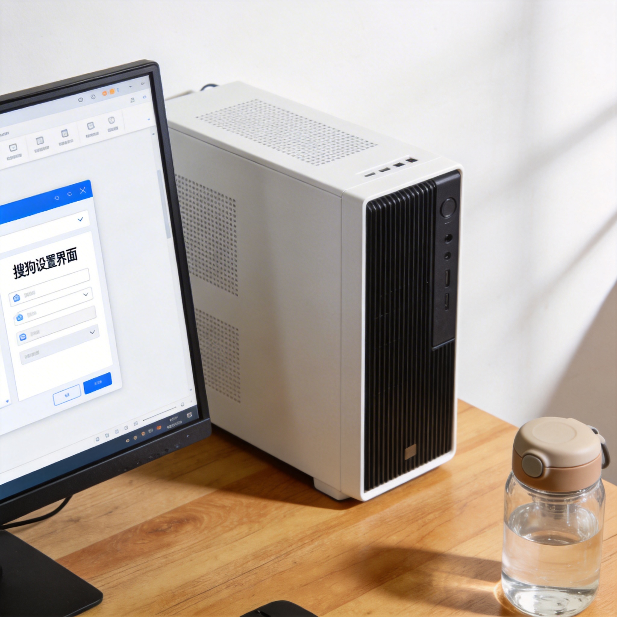 书桌上的主机，屏幕显示搜狗设置界面，桌角放着水杯，自然光