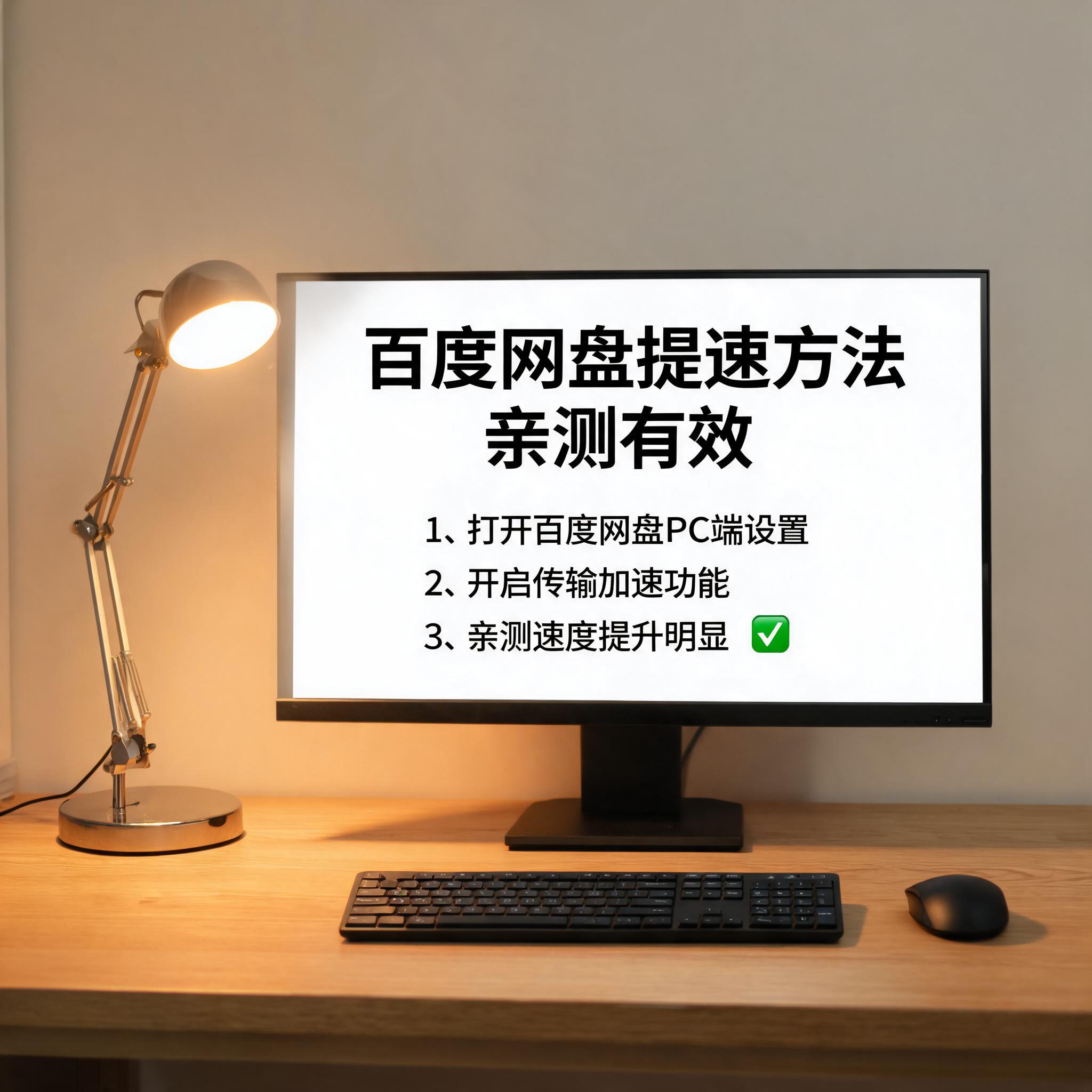 电脑桌上的电脑，屏幕显示百度网盘提速方法亲测有效界面，旁边放着台灯