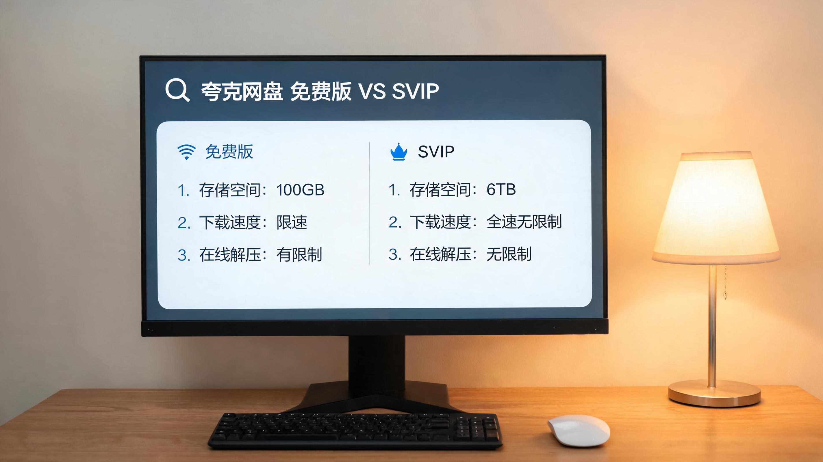 电脑桌上的电脑，屏幕显示夸克网盘免费版和 SVIP 区别界面，旁边放着台灯