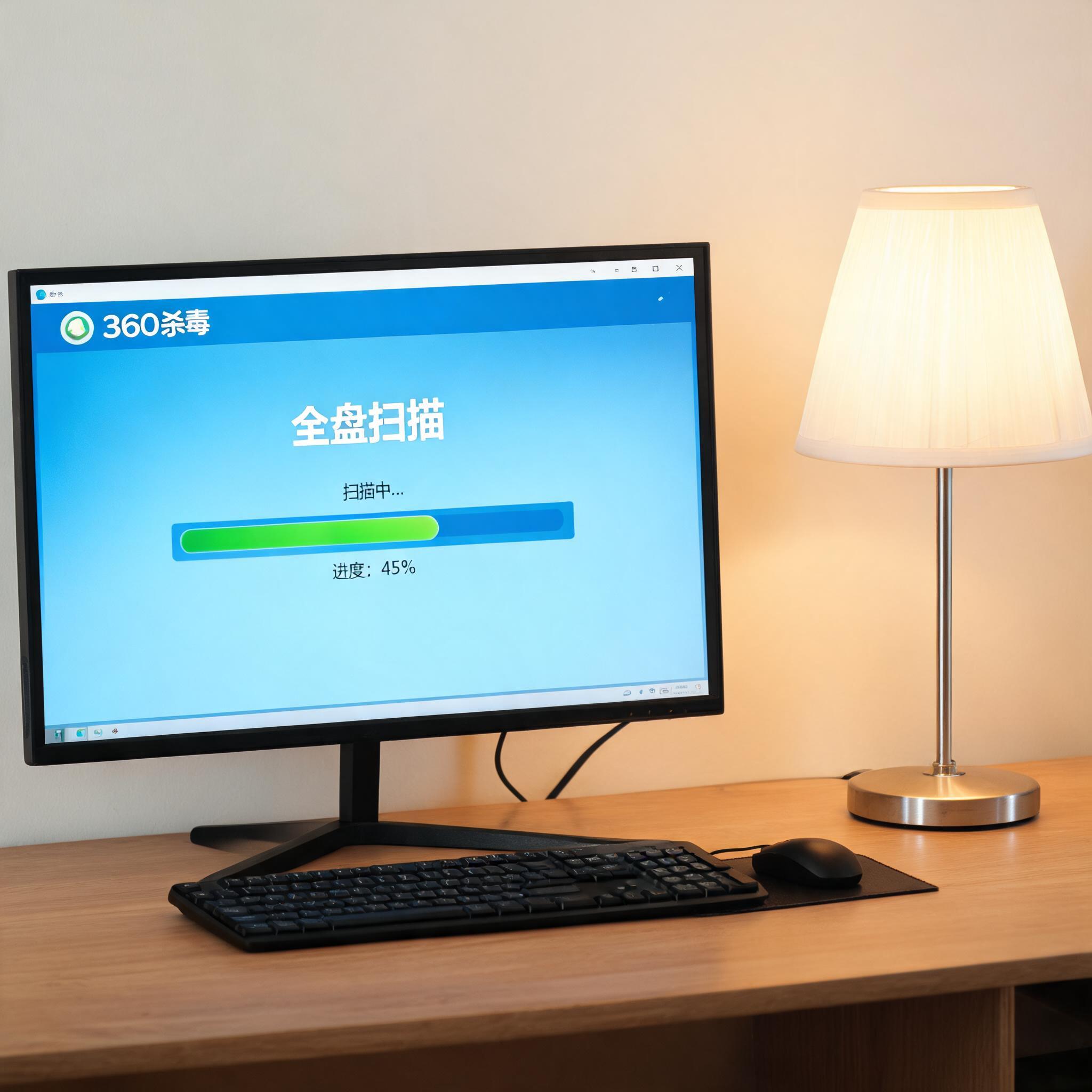 电脑桌上的电脑，屏幕显示360 杀毒全盘扫描界面，旁边放着台灯