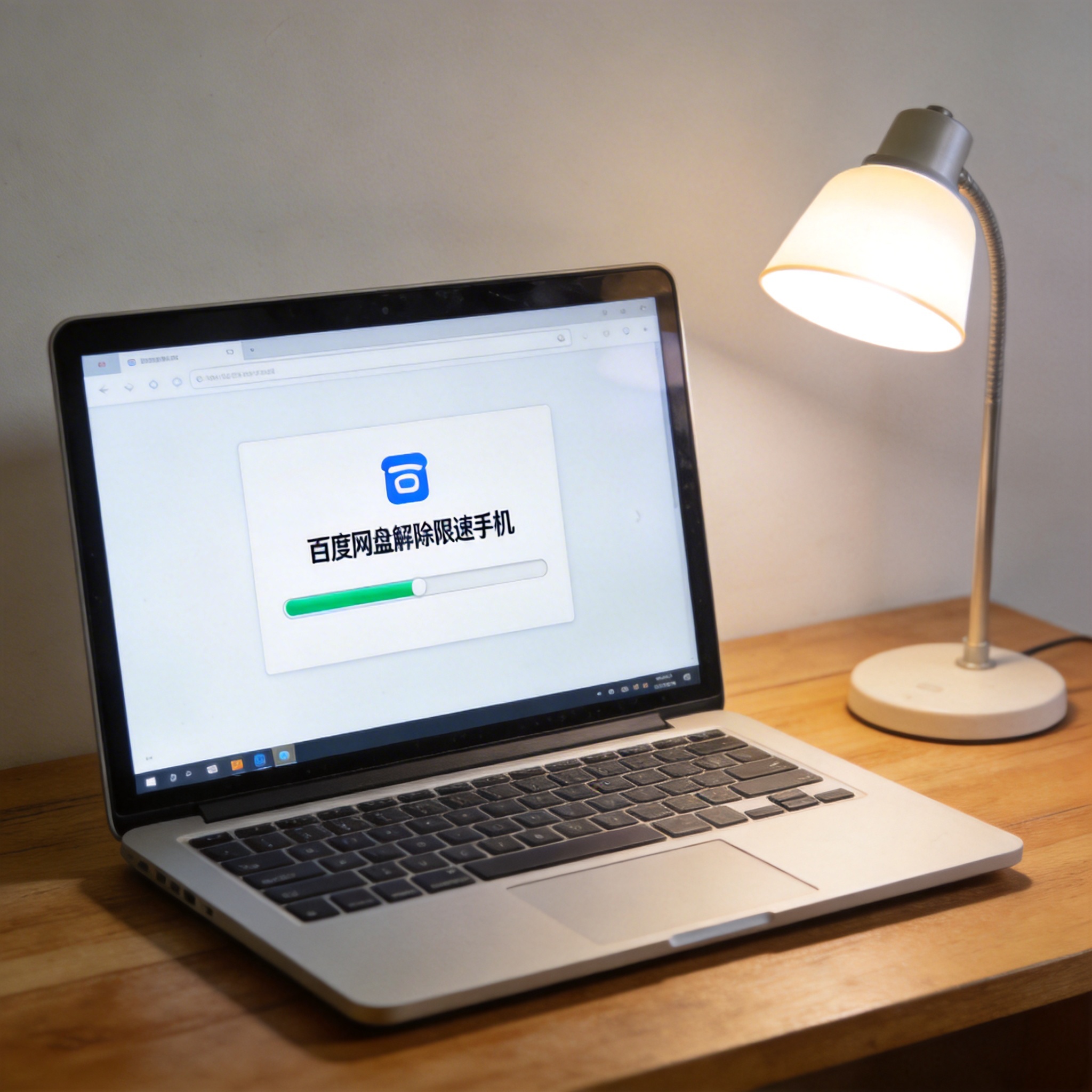 电脑桌上的电脑，屏幕显示百度网盘解除限速手机进度条，旁边放着台灯