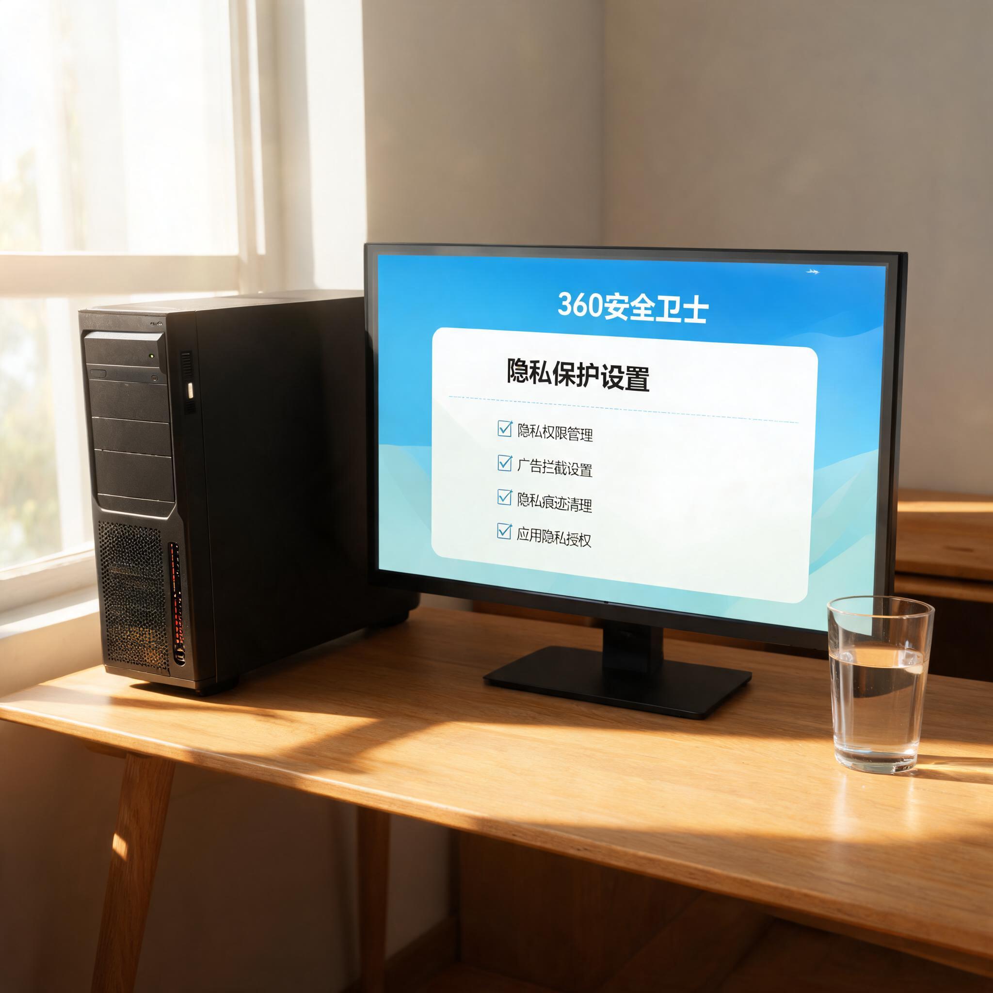 书桌上的主机，屏幕显示360 安全卫士隐私保护设置设置界面，桌角放着水杯，自然光