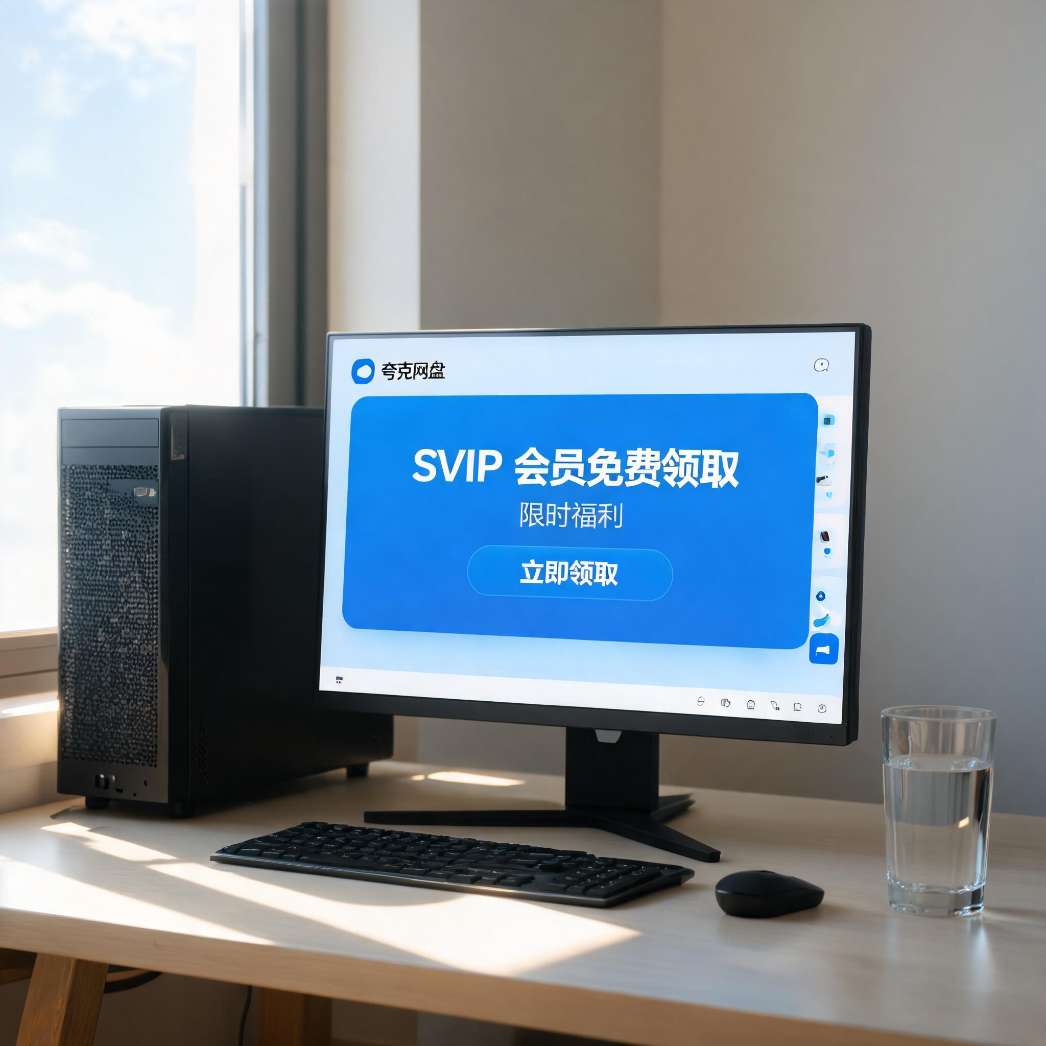 书桌上的主机，屏幕显示夸克网盘 SVIP 会员免费领取设置界面，桌角放着水杯，自然光