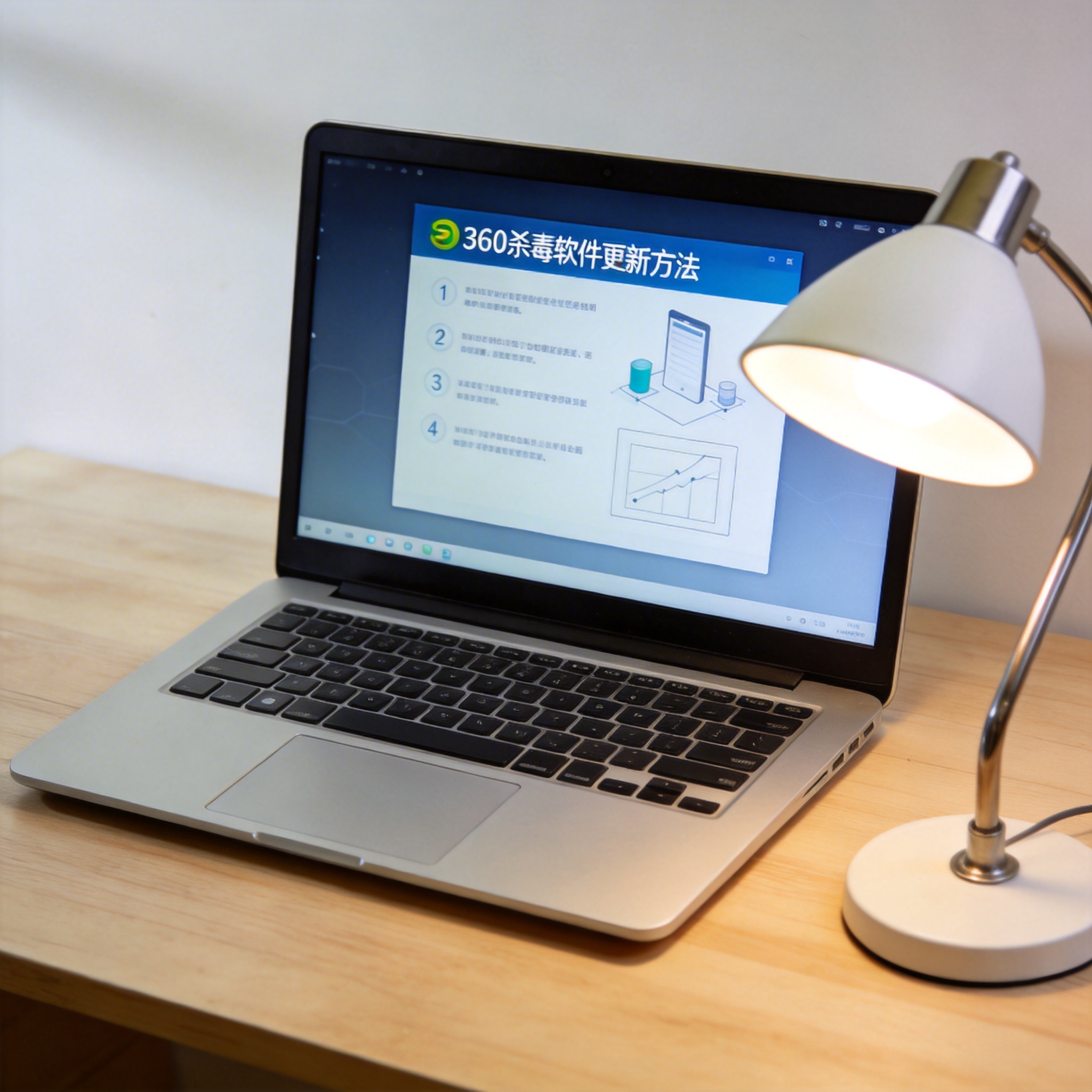 电脑桌上的电脑，屏幕显示360 杀毒软件更新方法界面，旁边放着台灯