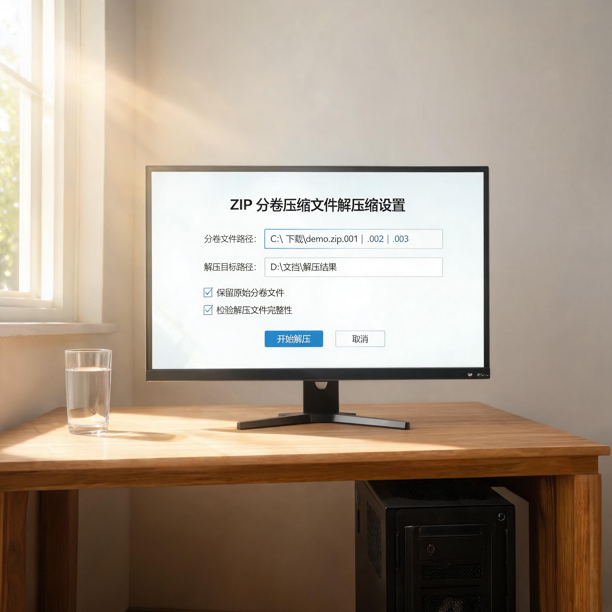书桌上的主机，屏幕显示zip 分卷压缩文件解压缩设置界面，桌角放着水杯，自然光