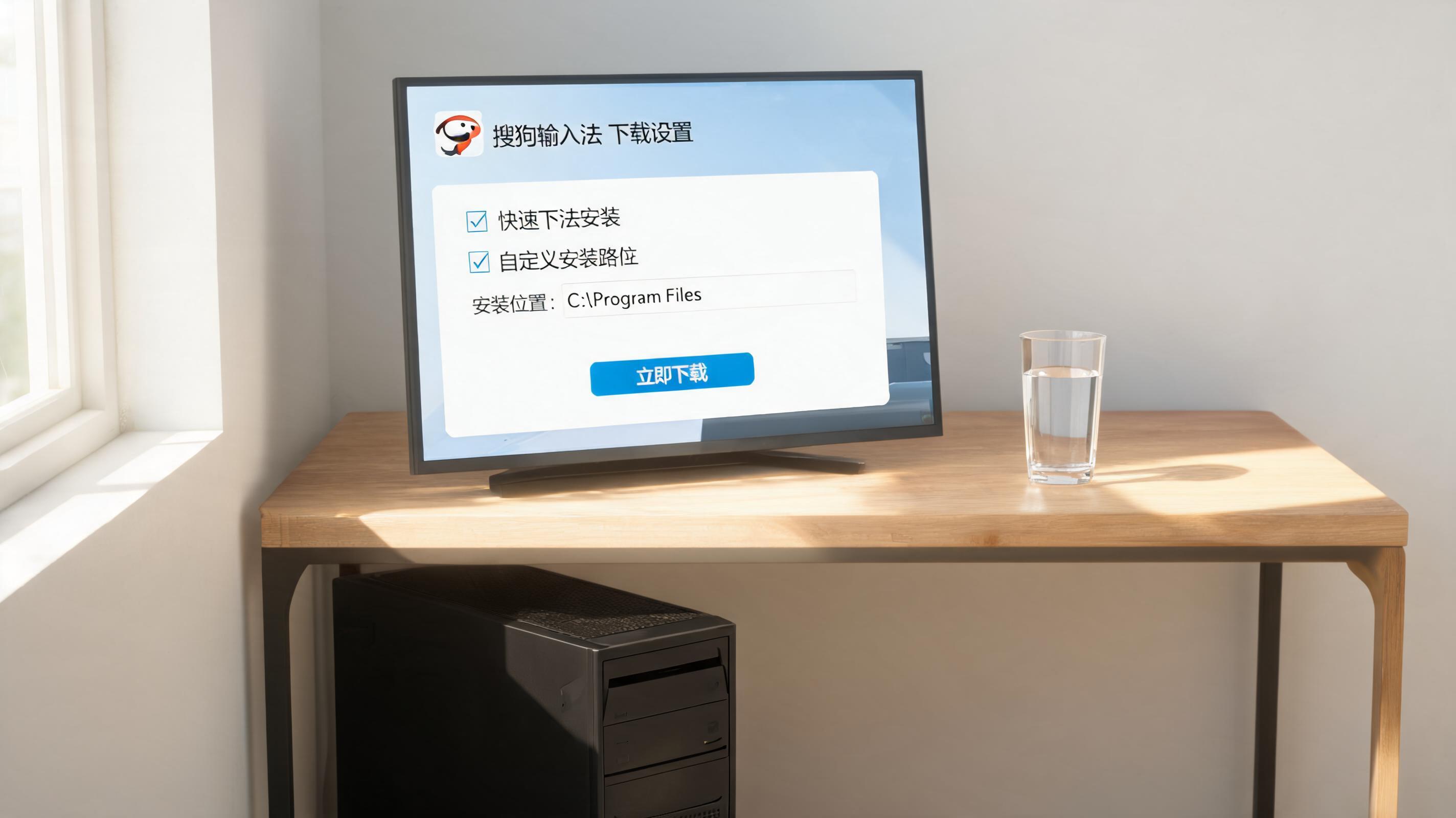 书桌上的主机，屏幕显示搜狗输入法下载设置界面，桌角放着水杯，自然光