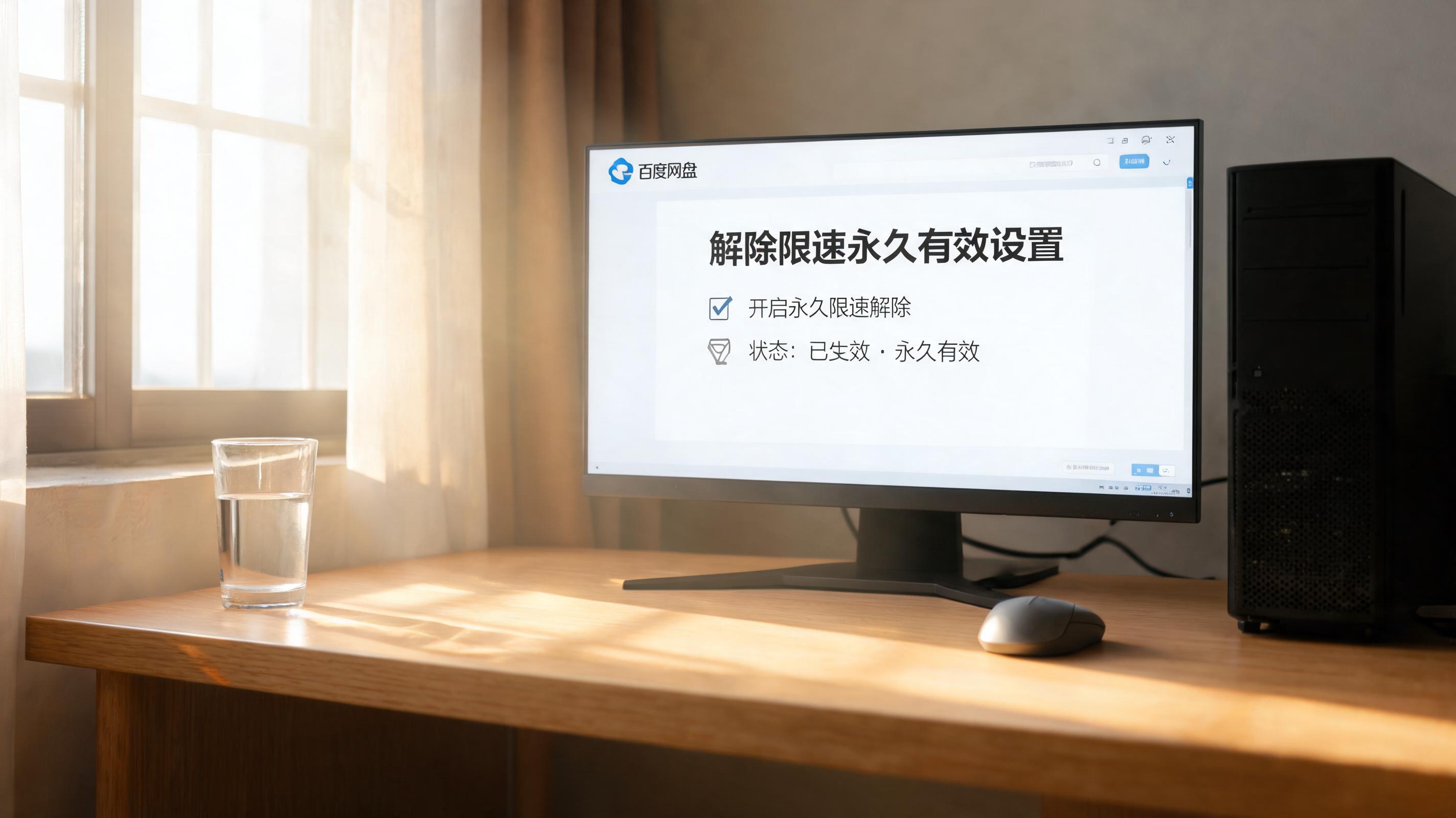 书桌上的主机，屏幕显示百度网盘解除限速永久有效设置界面，桌角放着水杯，自然光