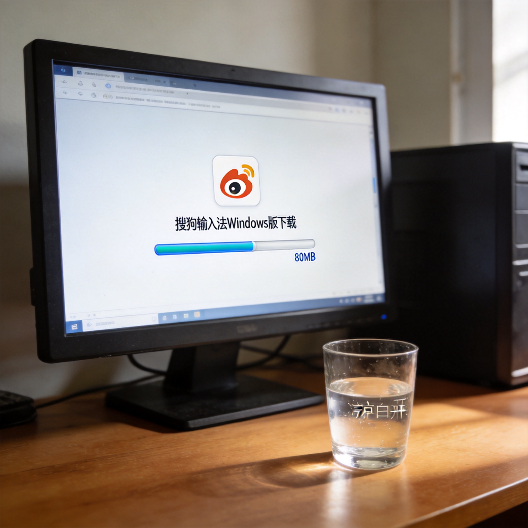 电脑桌的电脑屏幕显示搜狗输入法Windows版下载界面，进度条旁标注80MB，桌面放着半杯凉白开，室内自然光