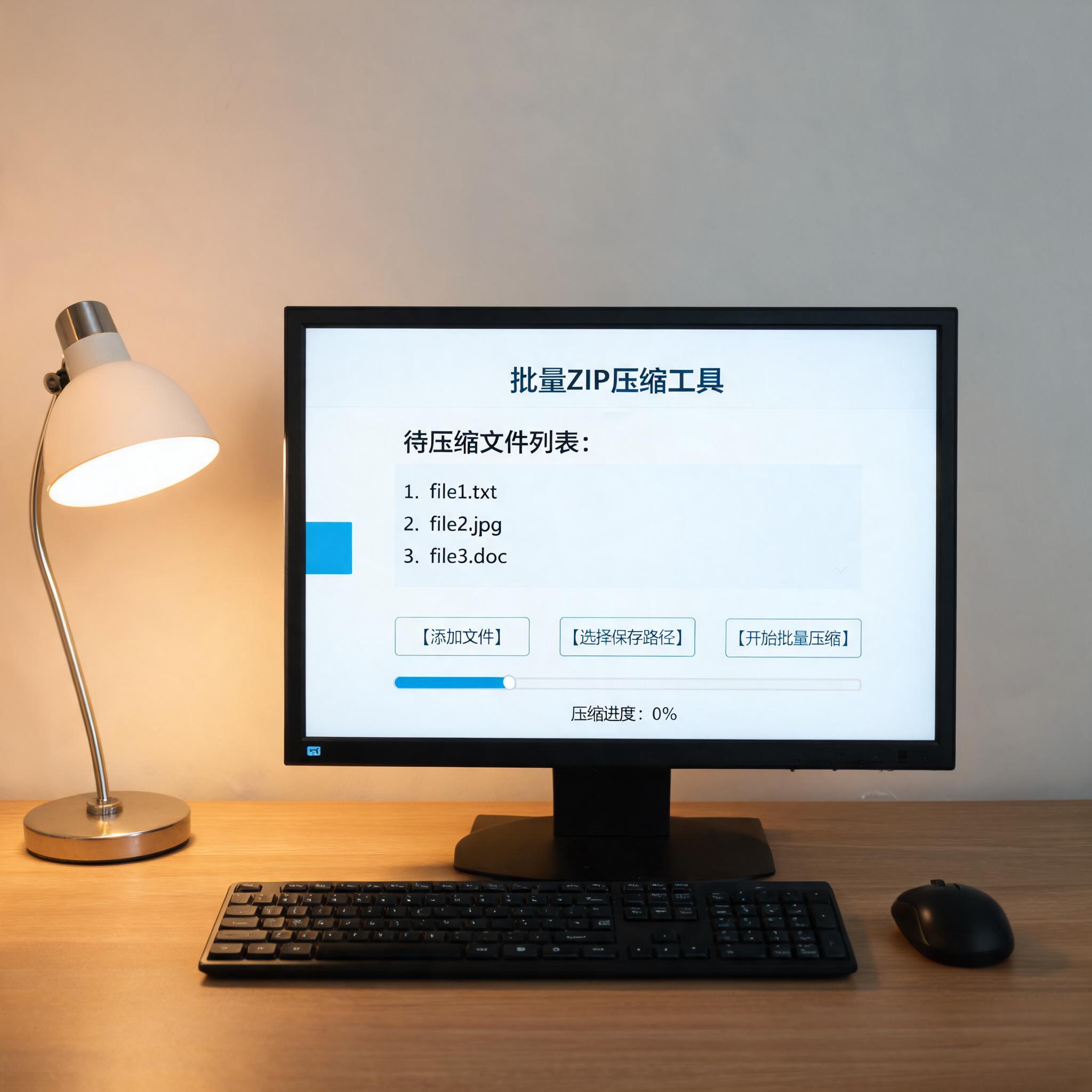 电脑桌上的电脑，屏幕显示批量 zip 文件压缩工具界面，旁边放着台灯