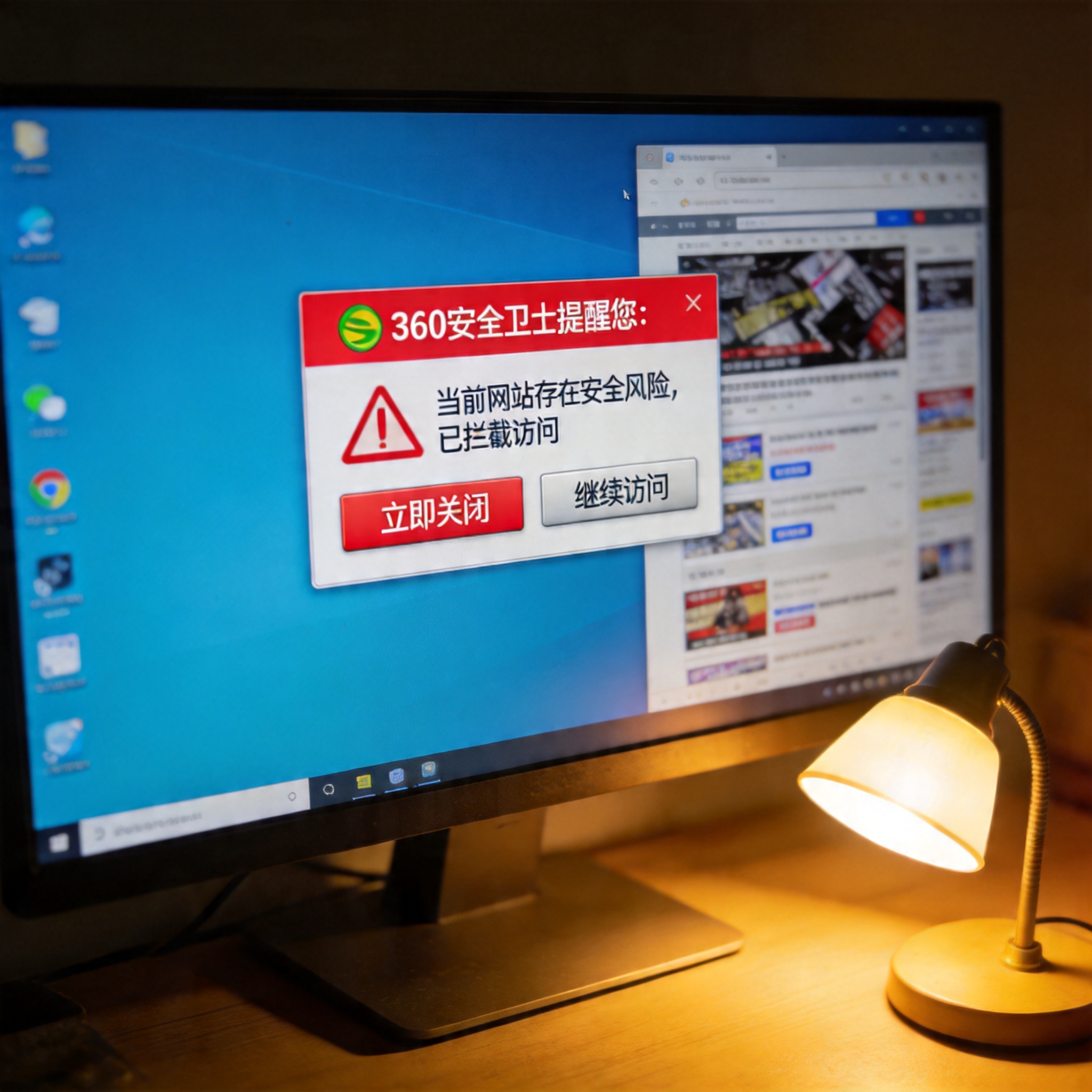 电脑屏幕显示360安全卫士网络防护的红色拦截警告弹窗，旁边是打开的陌生网站页面，桌面角落有一盏打开的台灯