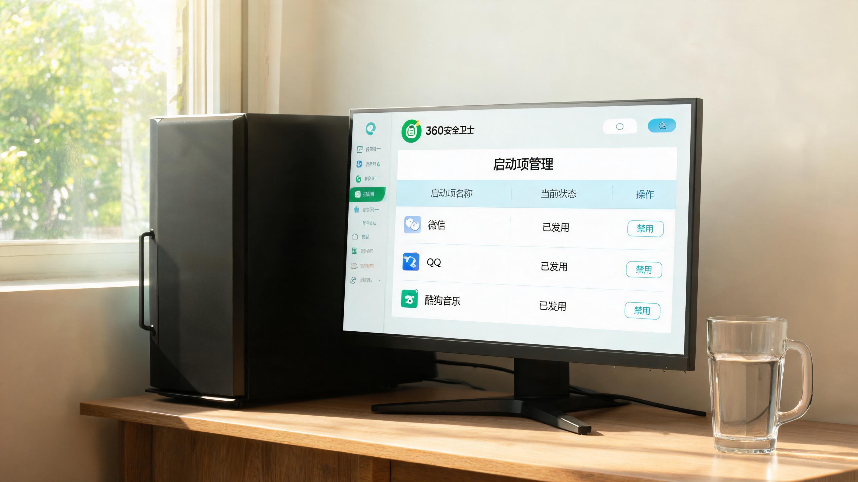 书桌上的主机，屏幕显示360 卫士启动项管理设置界面，桌角放着水杯，自然光