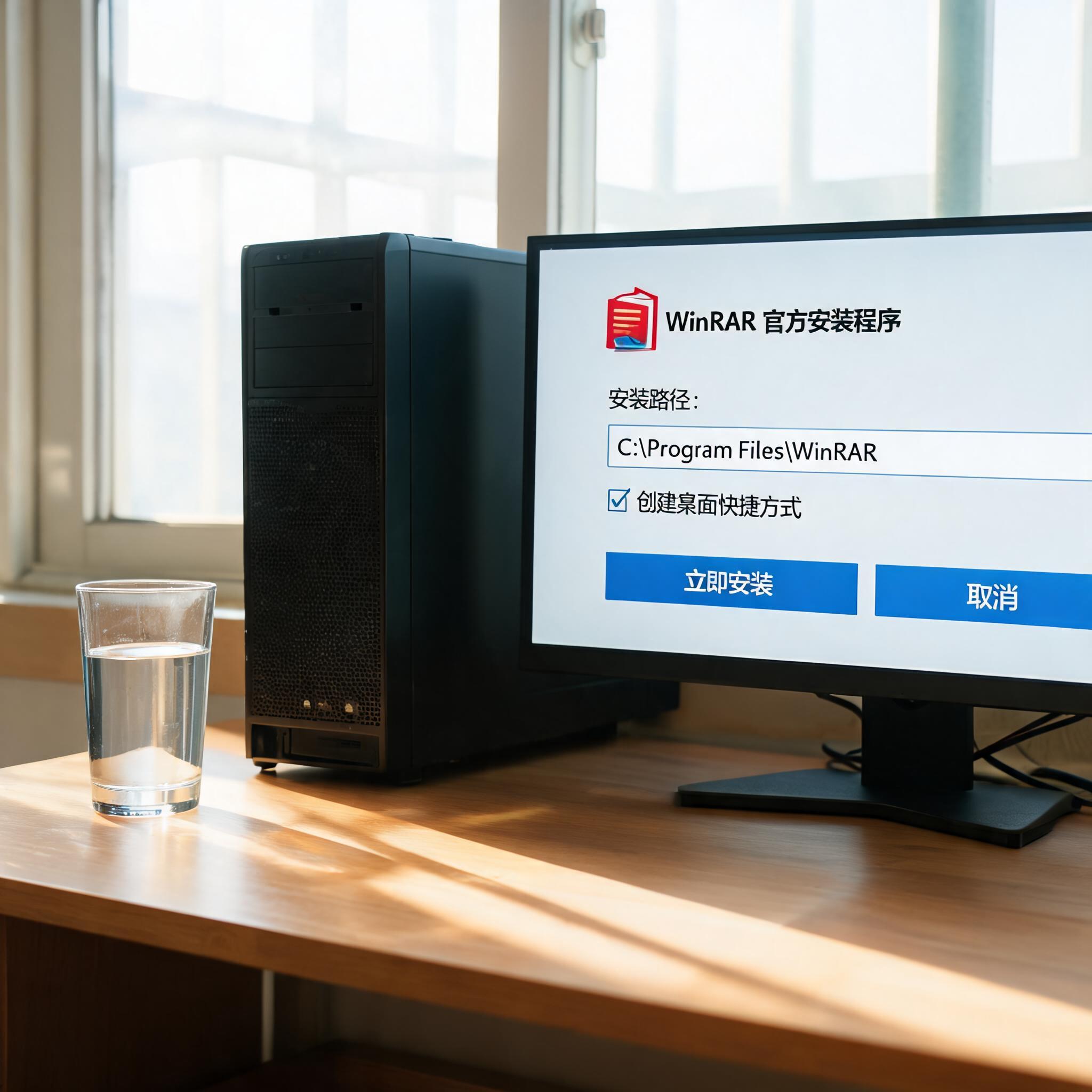 书桌上的主机，屏幕显示win 压缩软件官方下载设置界面，桌角放着水杯，自然光