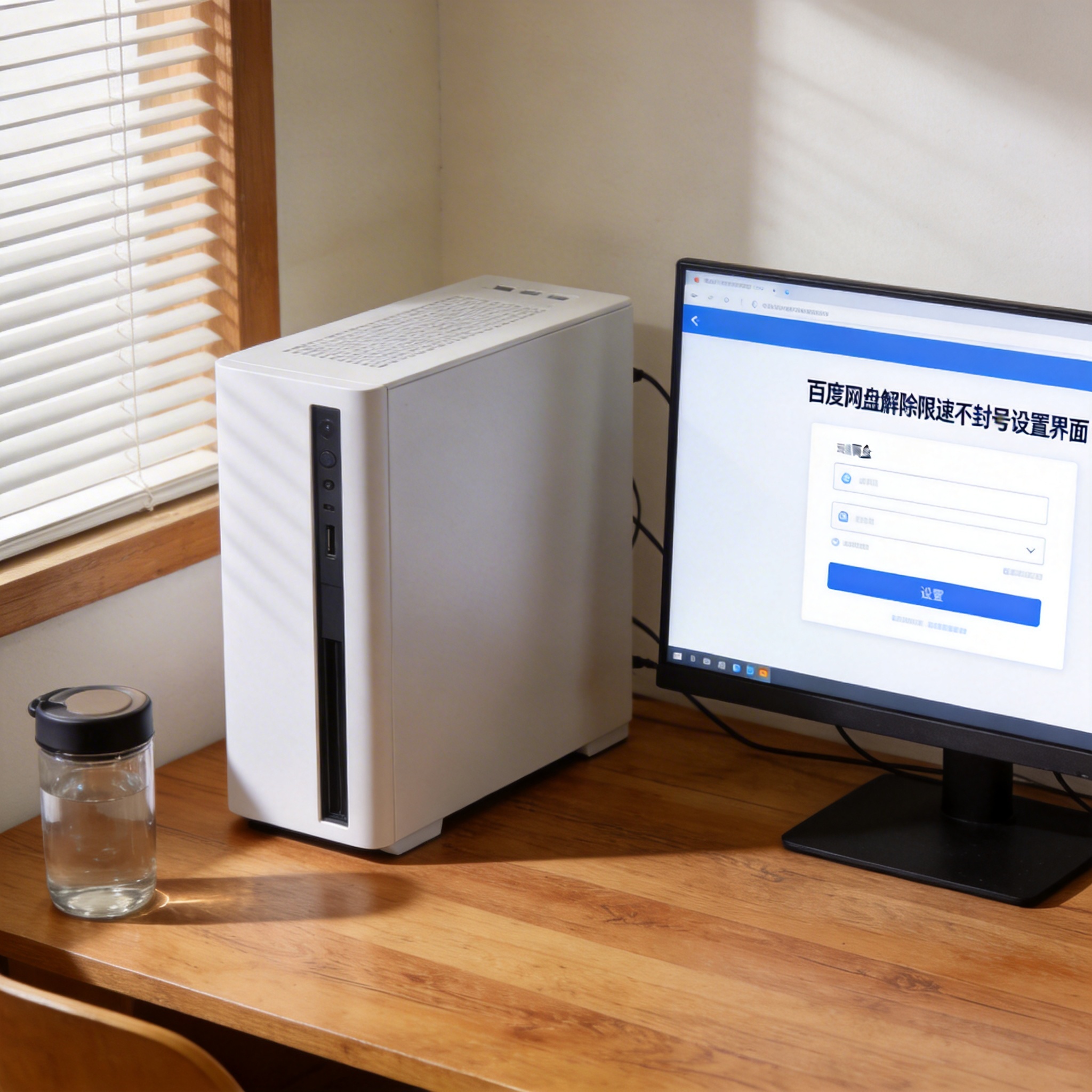 书桌上的主机，屏幕显示百度网盘解除限速不封号设置界面，桌角放着水杯，自然光