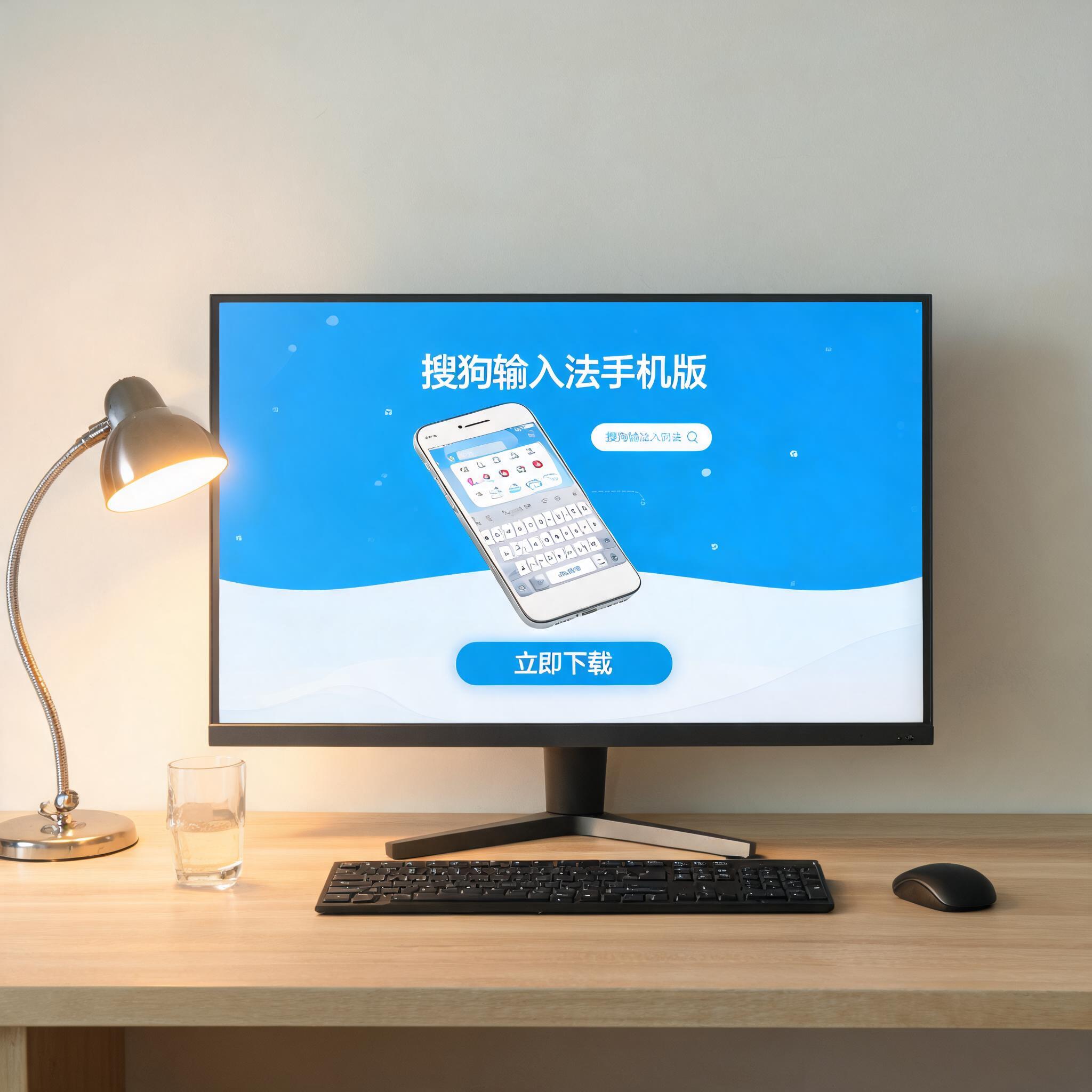 电脑桌上的电脑，屏幕显示搜狗输入法手机版下载界面，旁边放着台灯