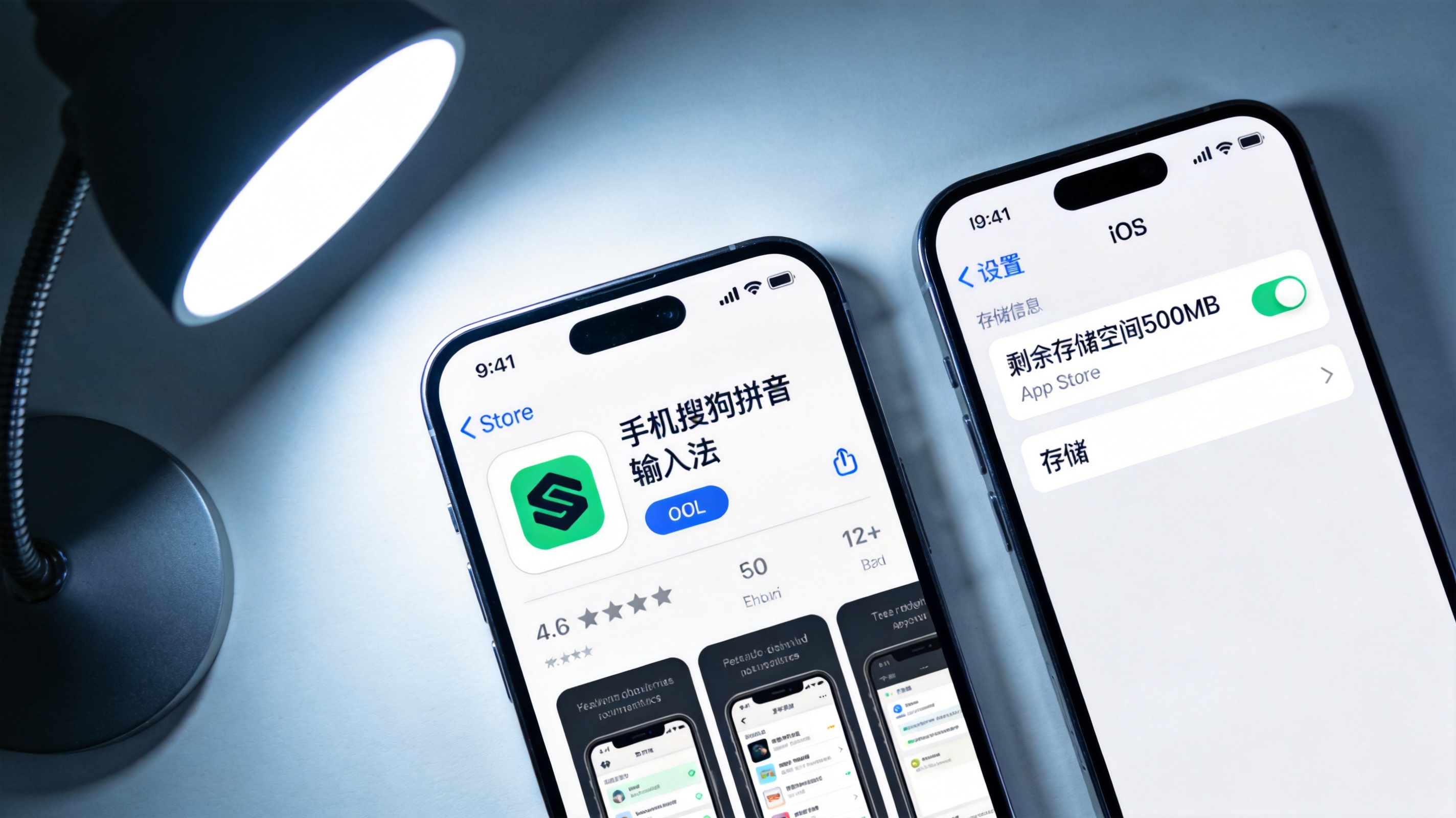 桌面的iOS手机屏幕显示App Store里的手机搜狗拼音输入法下载页面，旁边的手机设置界面显示剩余存储空间500MB，台灯冷光