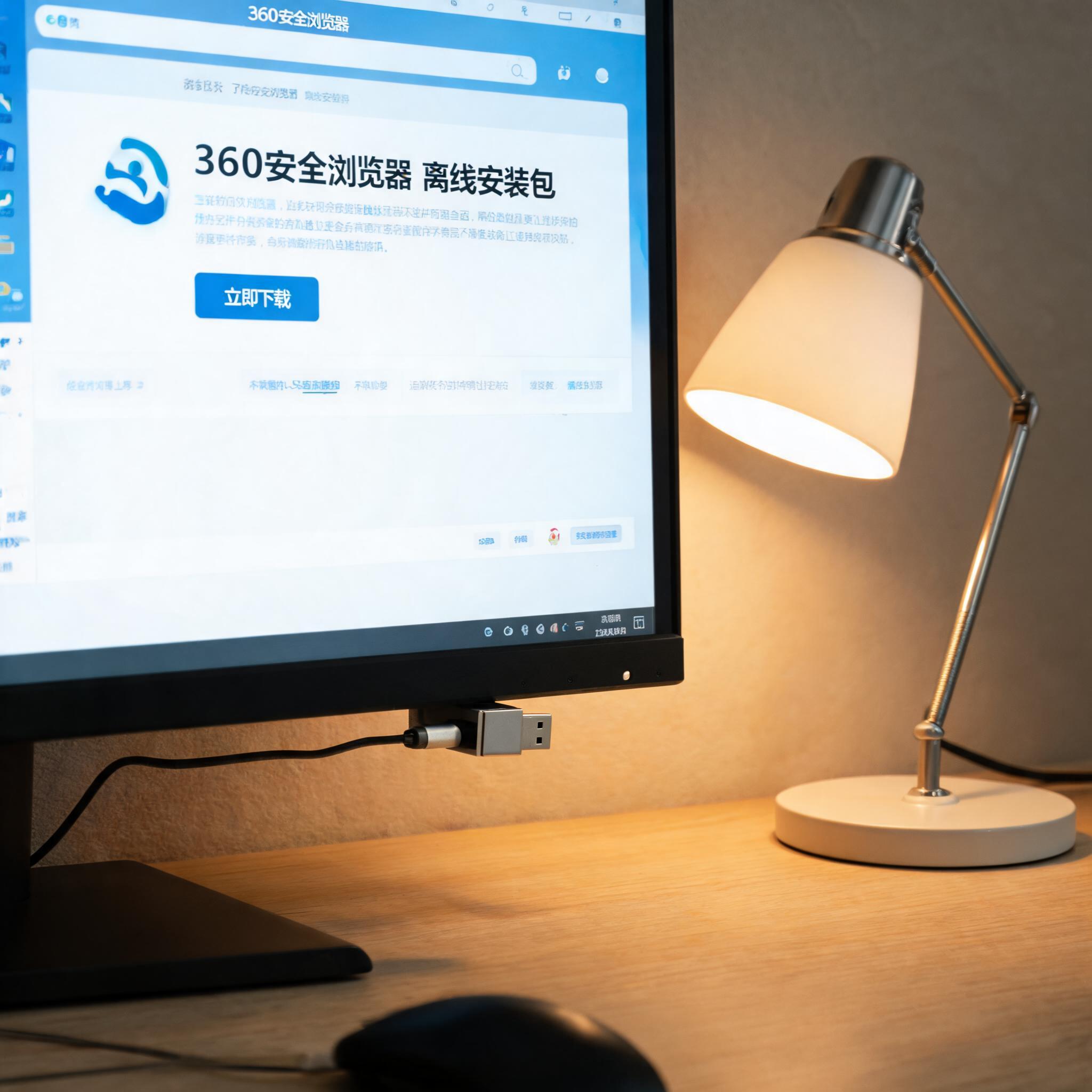 电脑桌上的U盘，屏幕显示360 安全浏览器离线安装包下载界面，旁边放着台灯