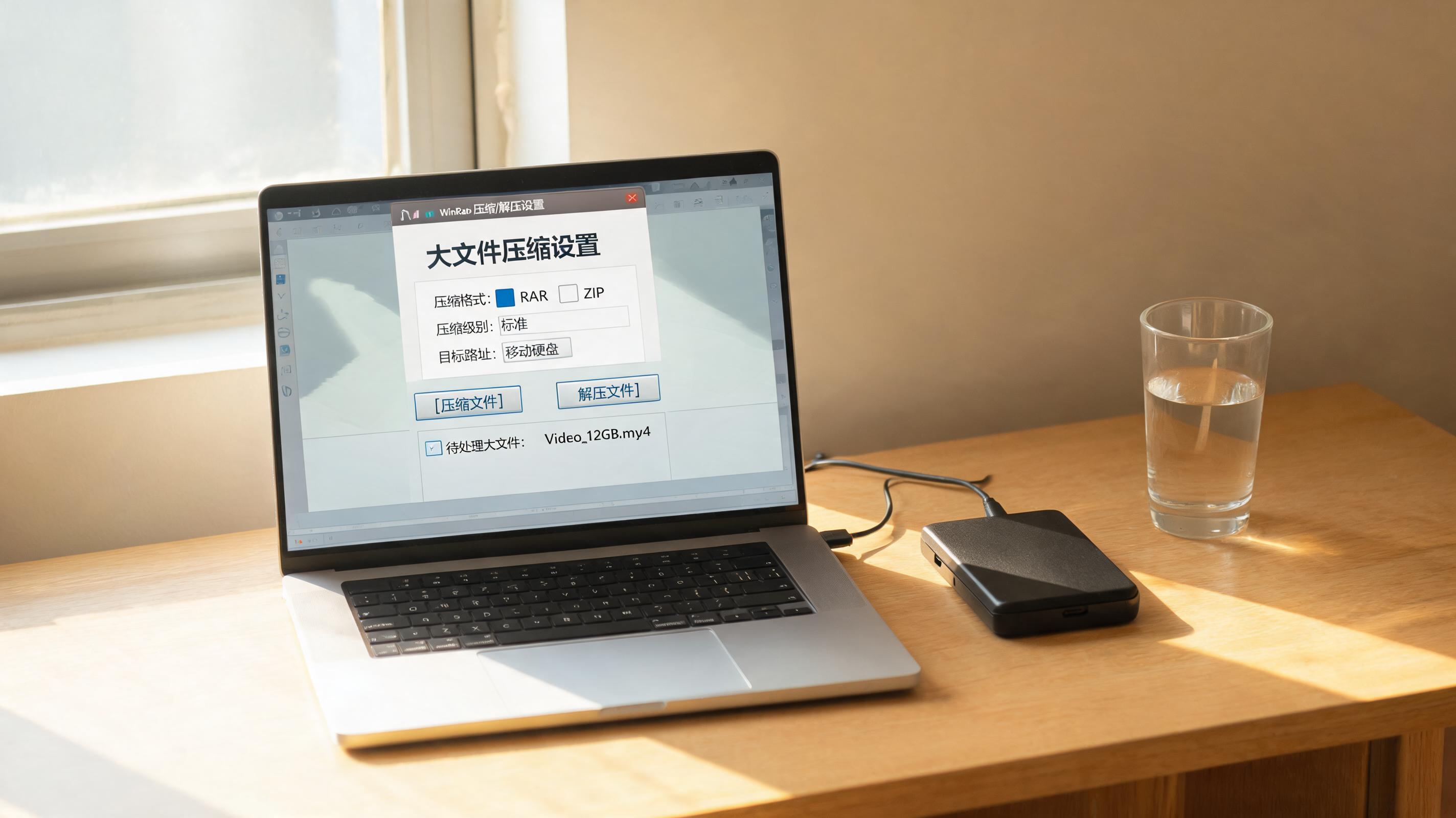 书桌上的硬盘，屏幕显示大文件压缩解压缩工具设置界面，桌角放着水杯，自然光
