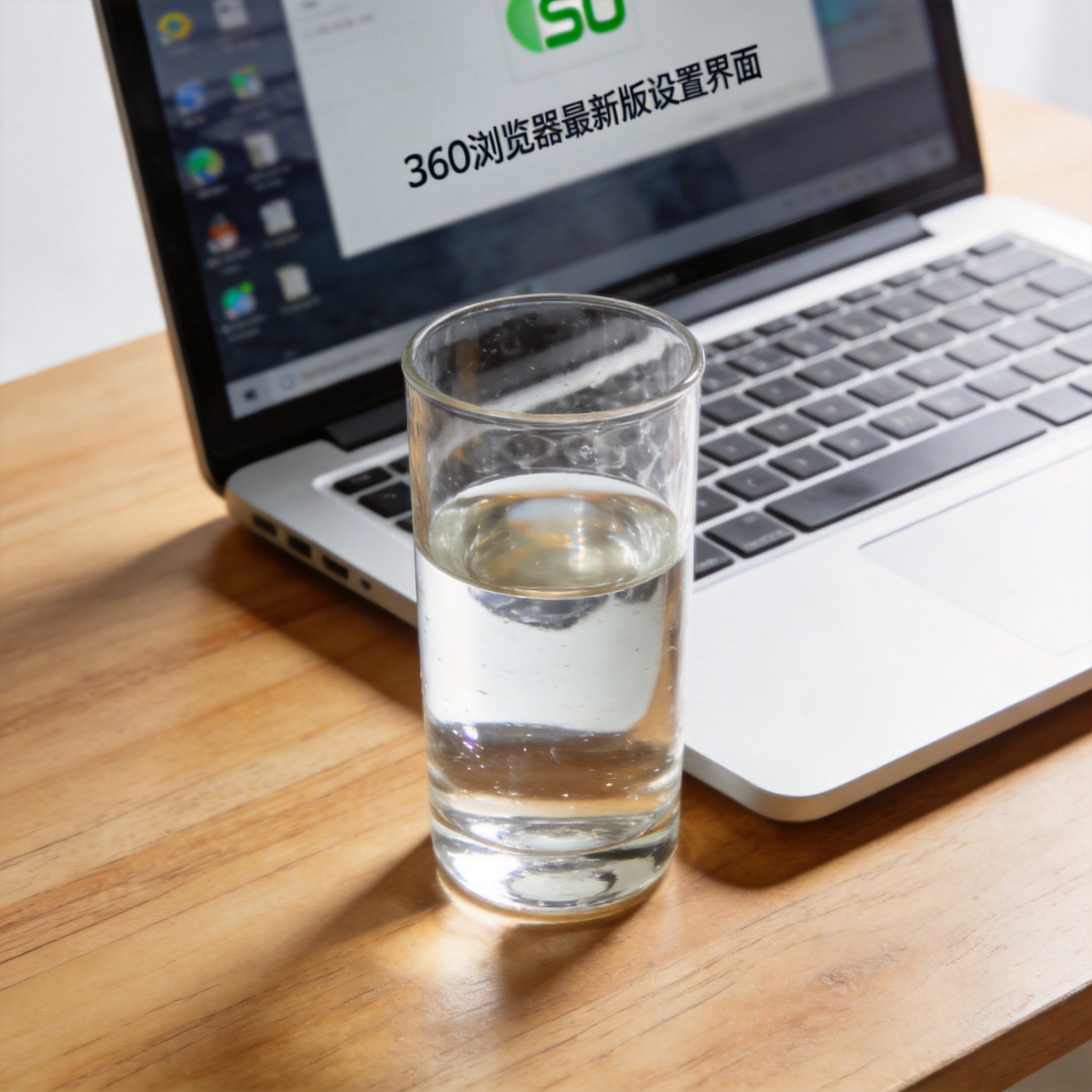 书桌上的笔记本，屏幕显示360 浏览器最新版设置界面，桌角放着水杯，自然光