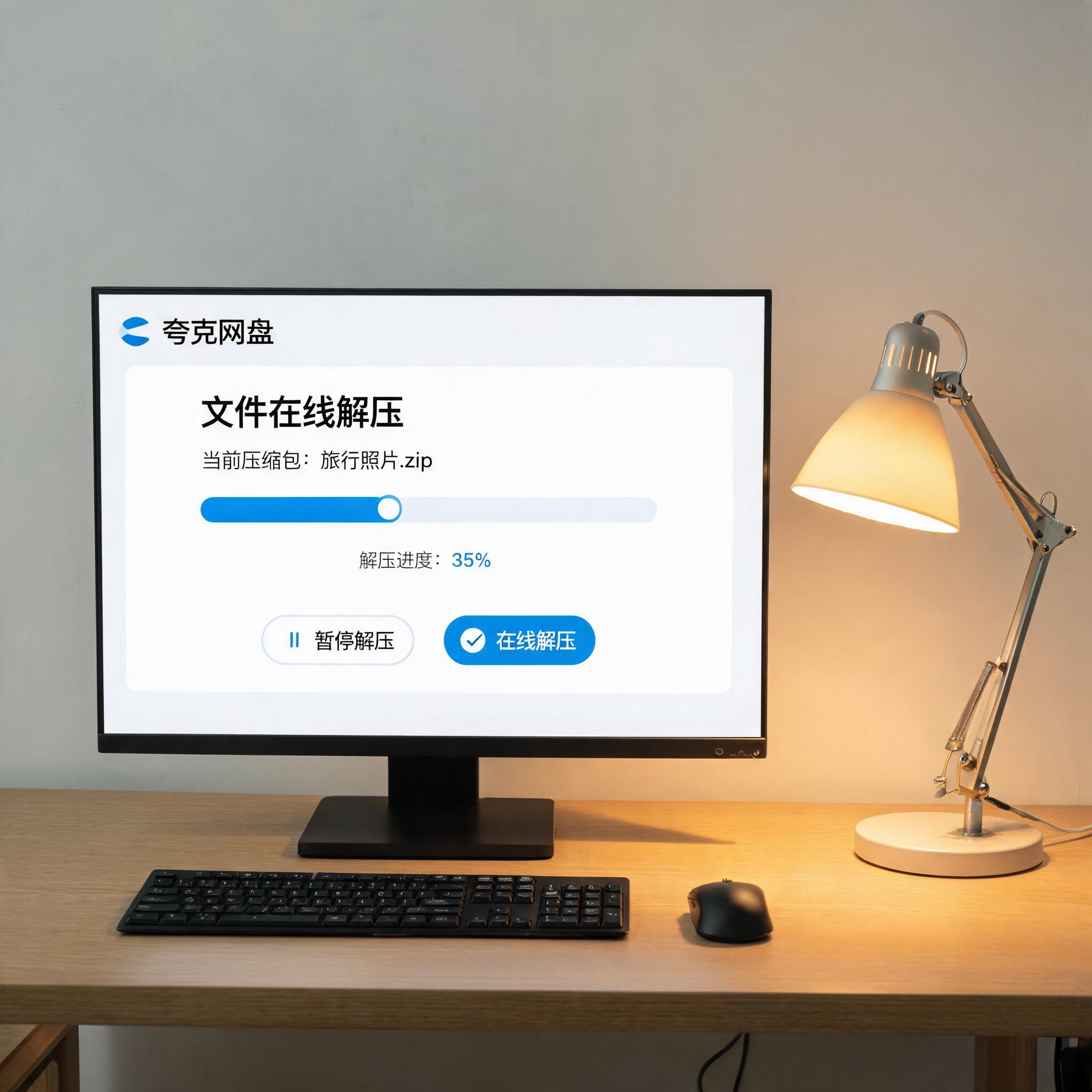 电脑桌上的电脑，屏幕显示夸克网盘文件在线解压界面，旁边放着台灯