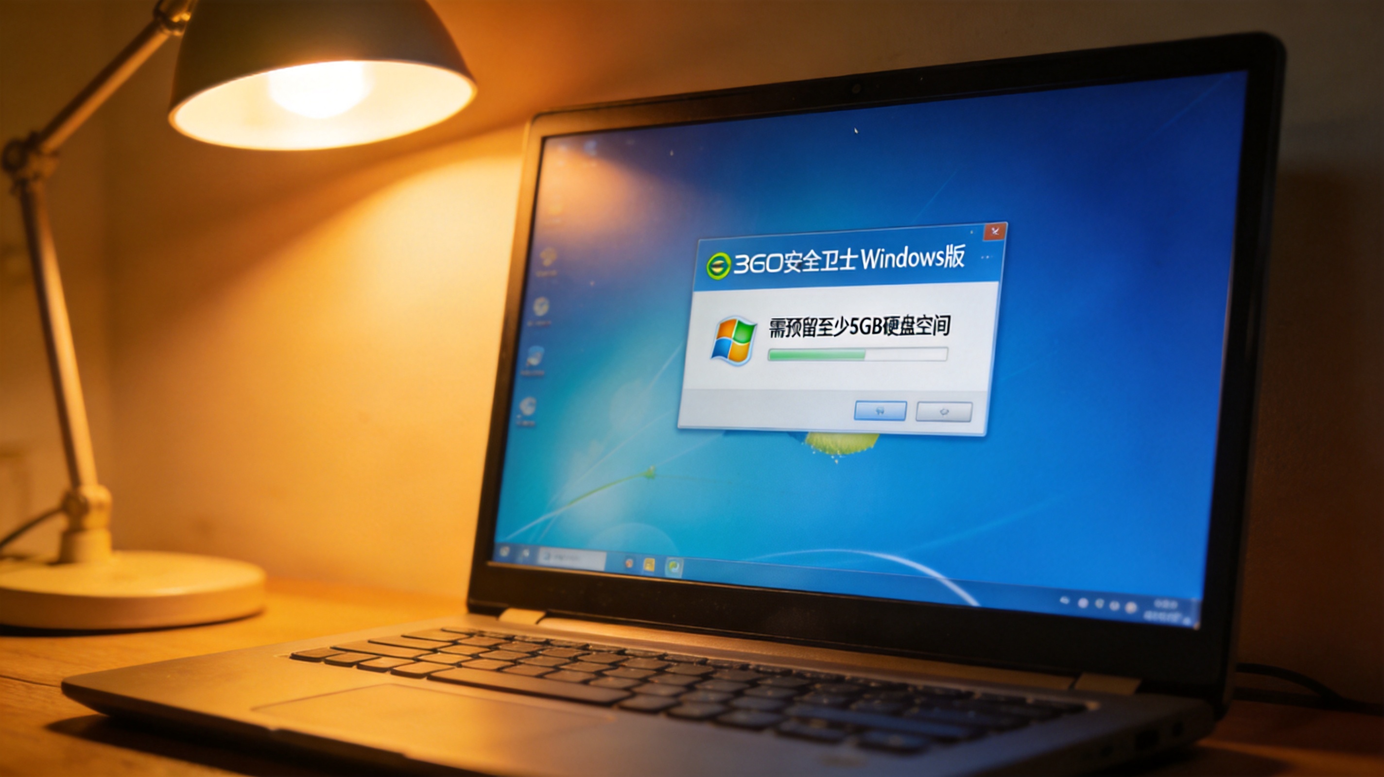 电脑屏幕显示360安全卫士Windows版的安装界面，提示需预留至少5GB硬盘空间，桌面有默认壁纸，台灯暖光