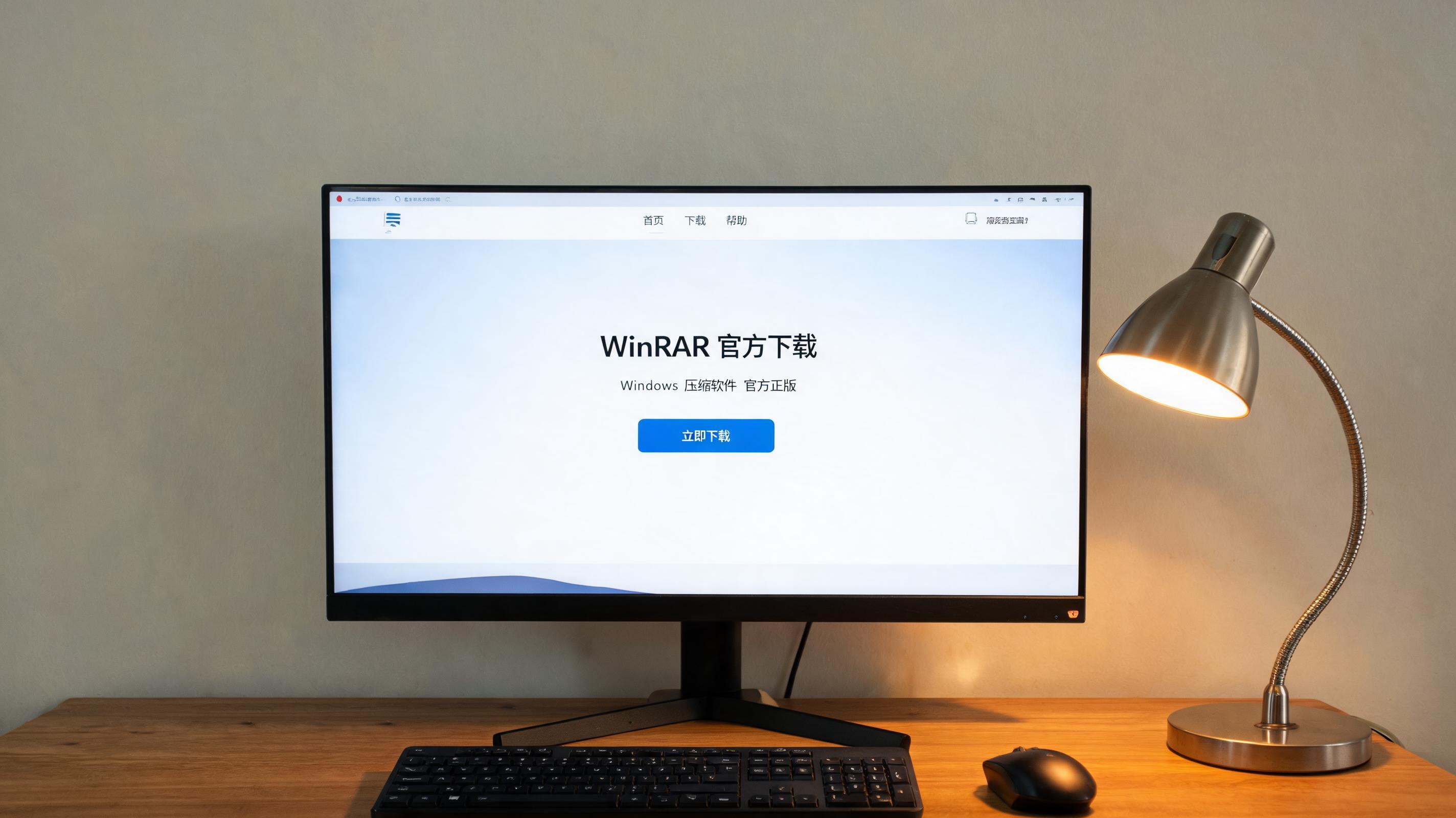 电脑桌上的电脑，屏幕显示win 压缩软件官方下载桌面，旁边放着台灯