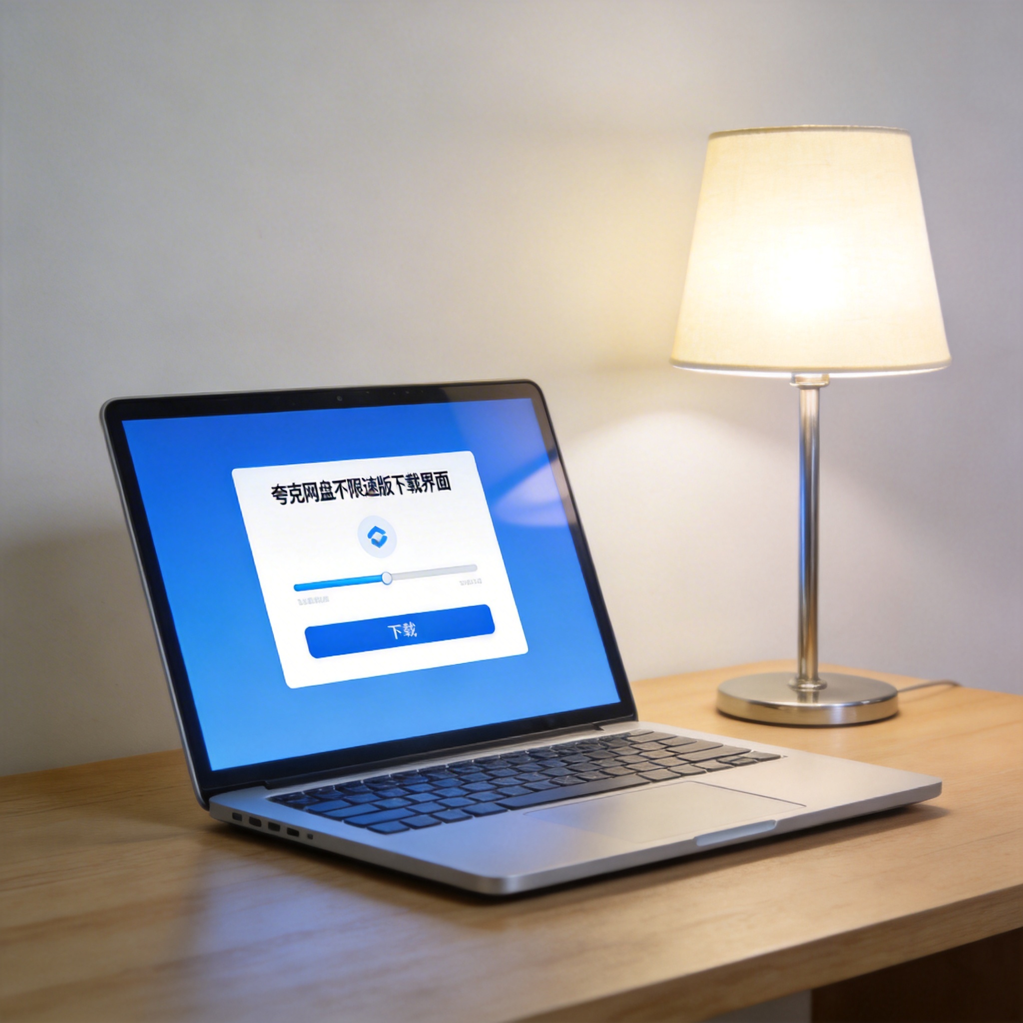 电脑桌上的电脑，屏幕显示夸克网盘不限速版下载界面，旁边放着台灯