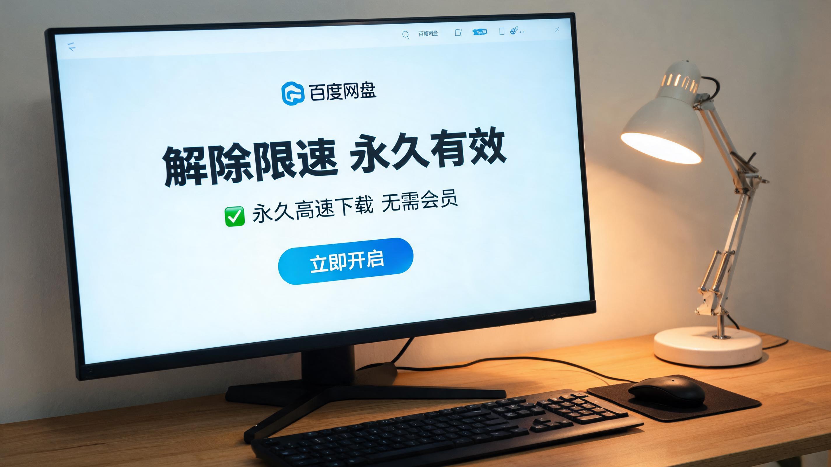 电脑桌上的电脑，屏幕显示百度网盘解除限速永久有效界面，旁边放着台灯