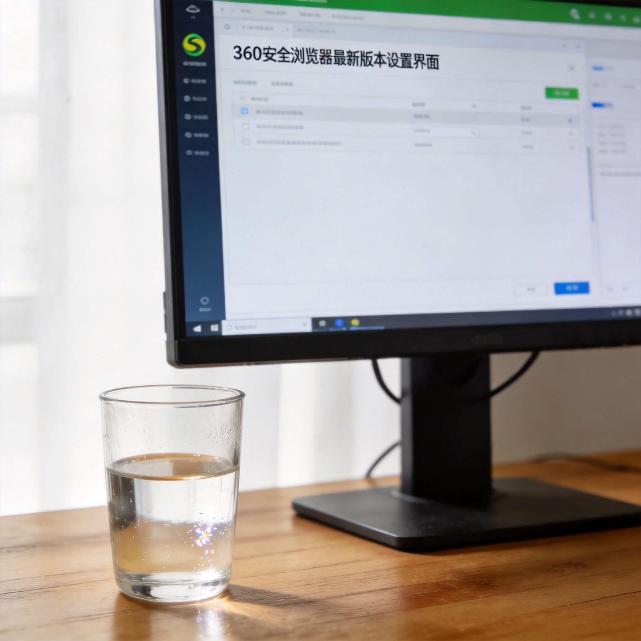 书桌上的主机，屏幕显示360 安全浏览器最新版本设置界面，桌角放着水杯，自然光