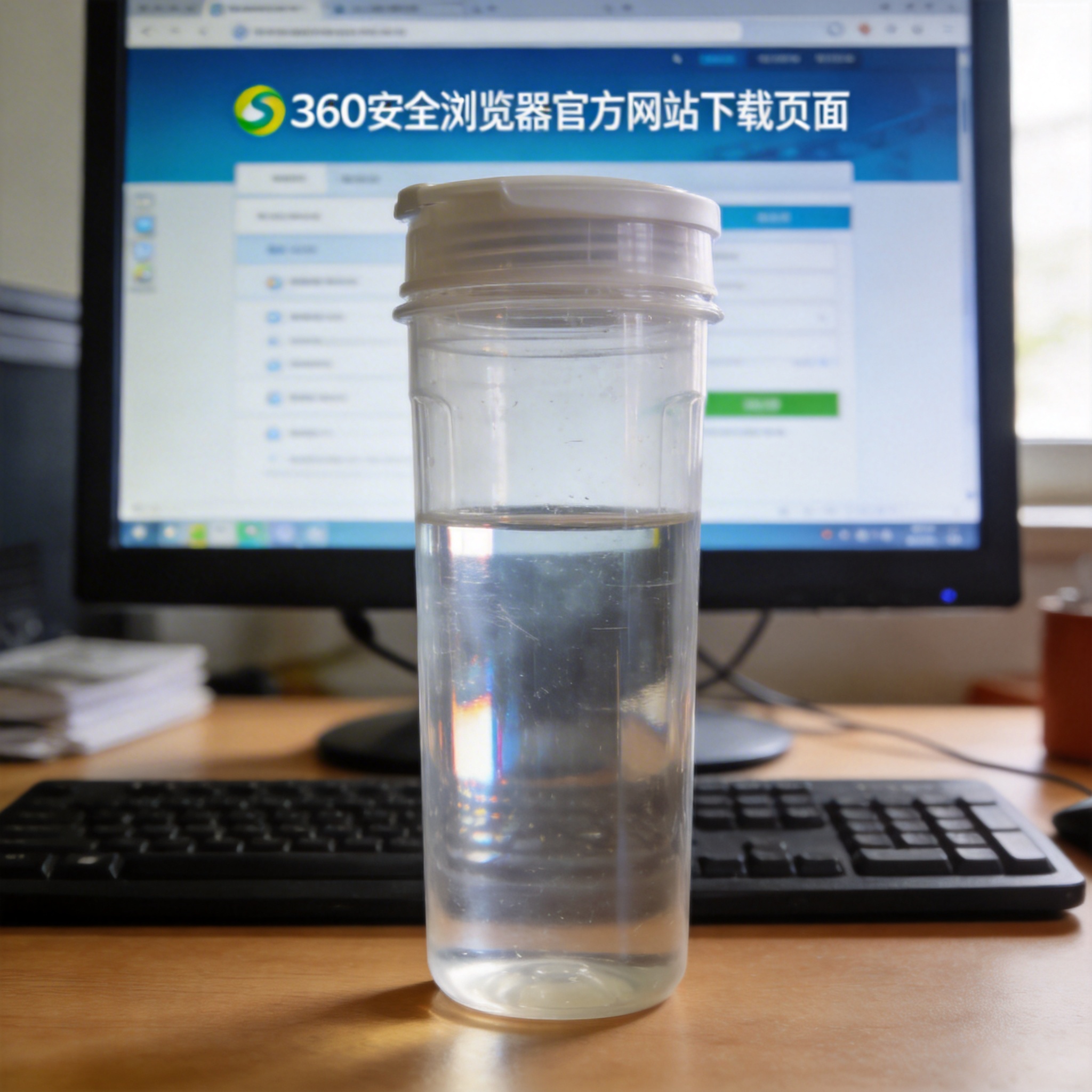 电脑桌的电脑屏幕显示360安全浏览器官方网站下载页面，桌面放着半透明塑料水杯，室内自然光