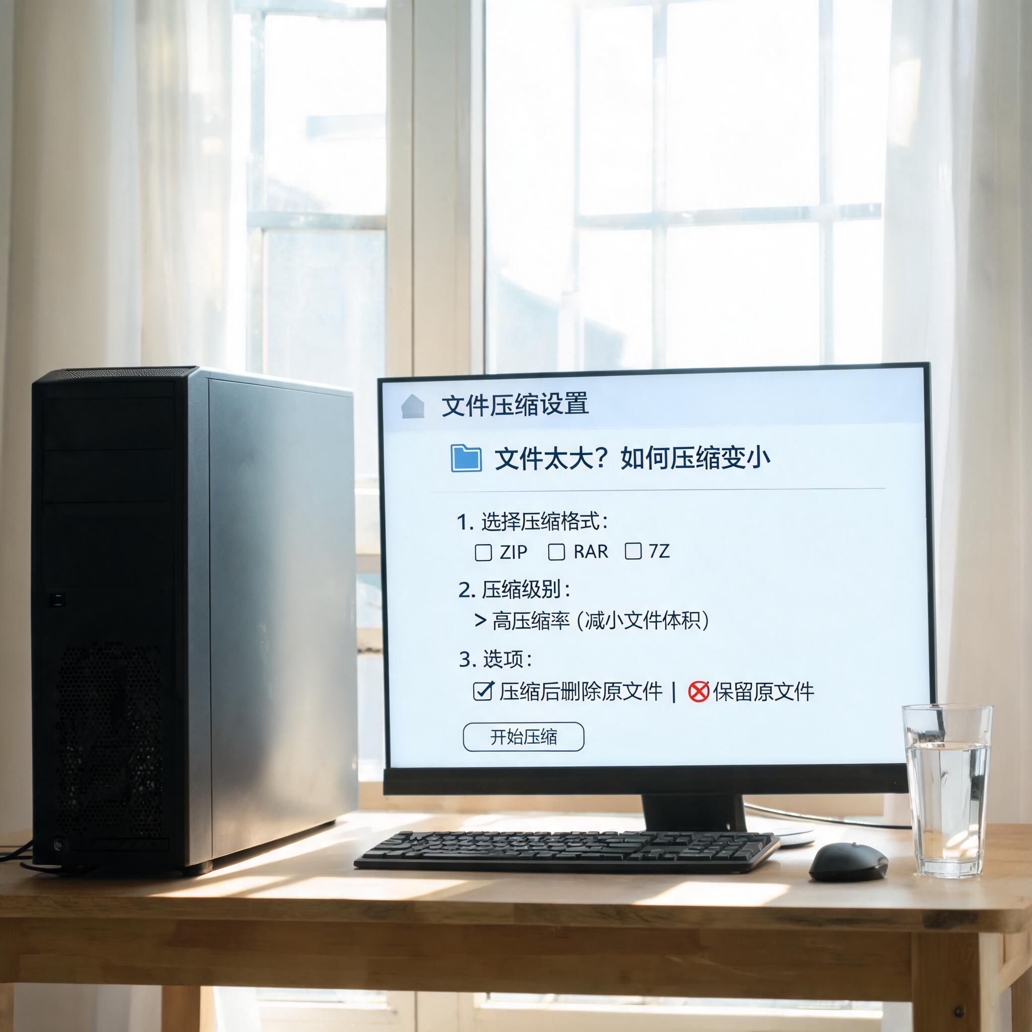 书桌上的主机，屏幕显示文件太大怎么压缩变小设置界面，桌角放着水杯，自然光