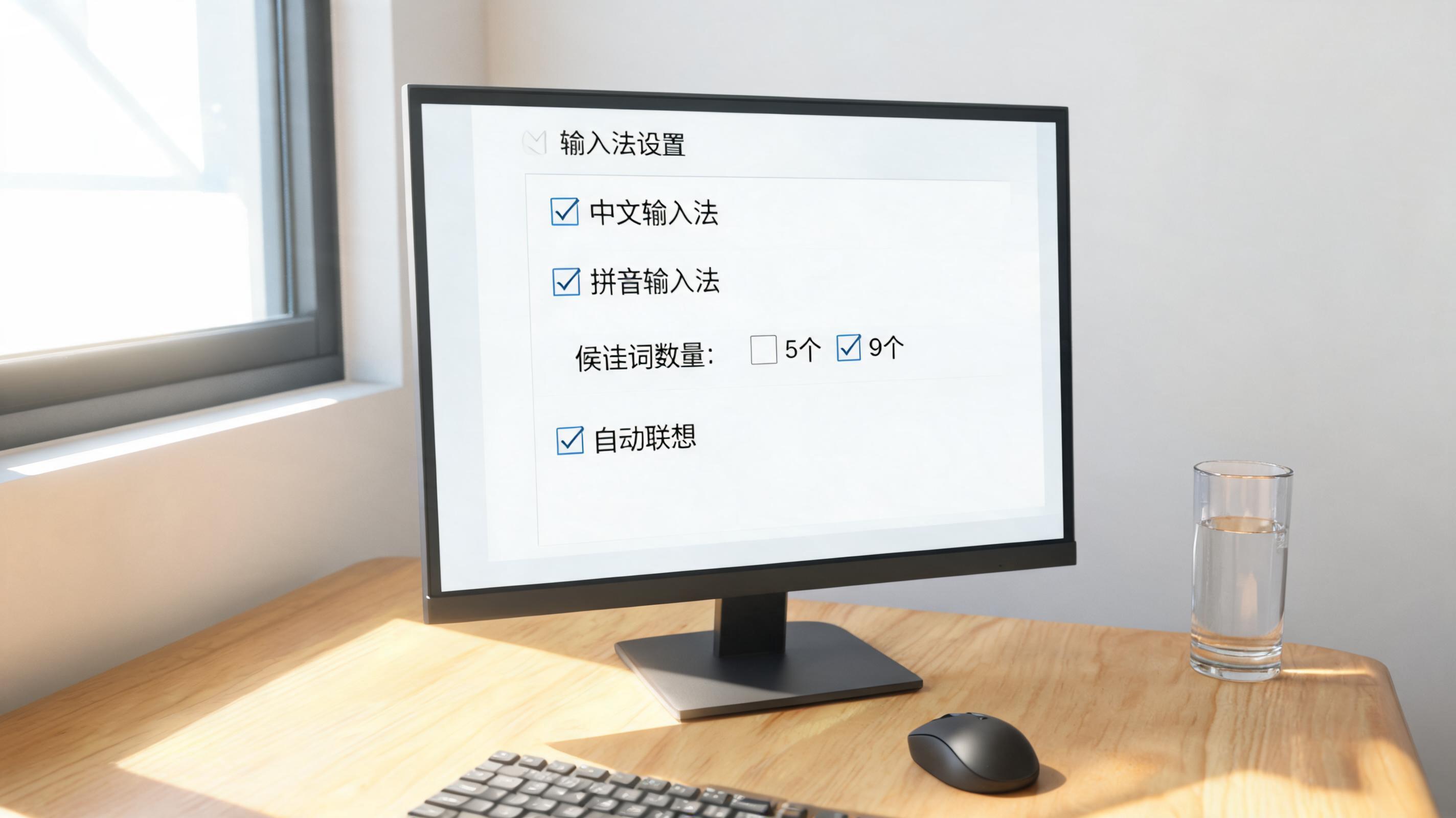 书桌上的鼠标，屏幕显示输入法设置界面，桌角放着水杯，自然光