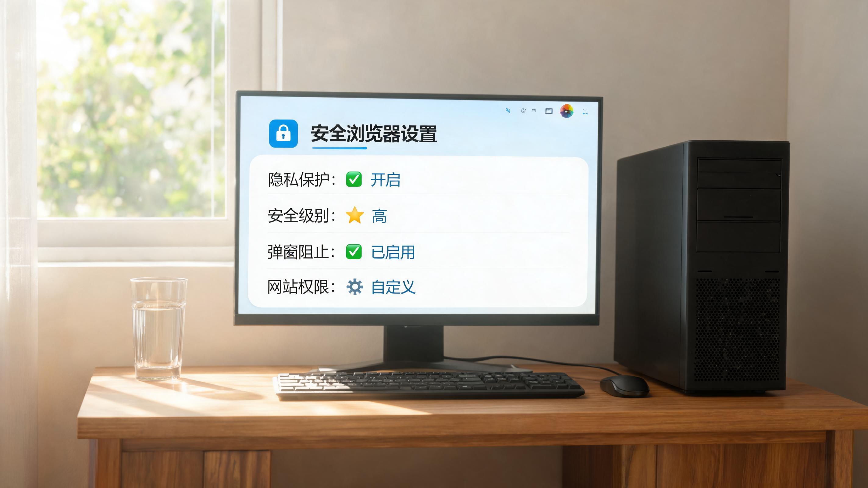 书桌上的主机，屏幕显示安全浏览器设置界面，桌角放着水杯，自然光