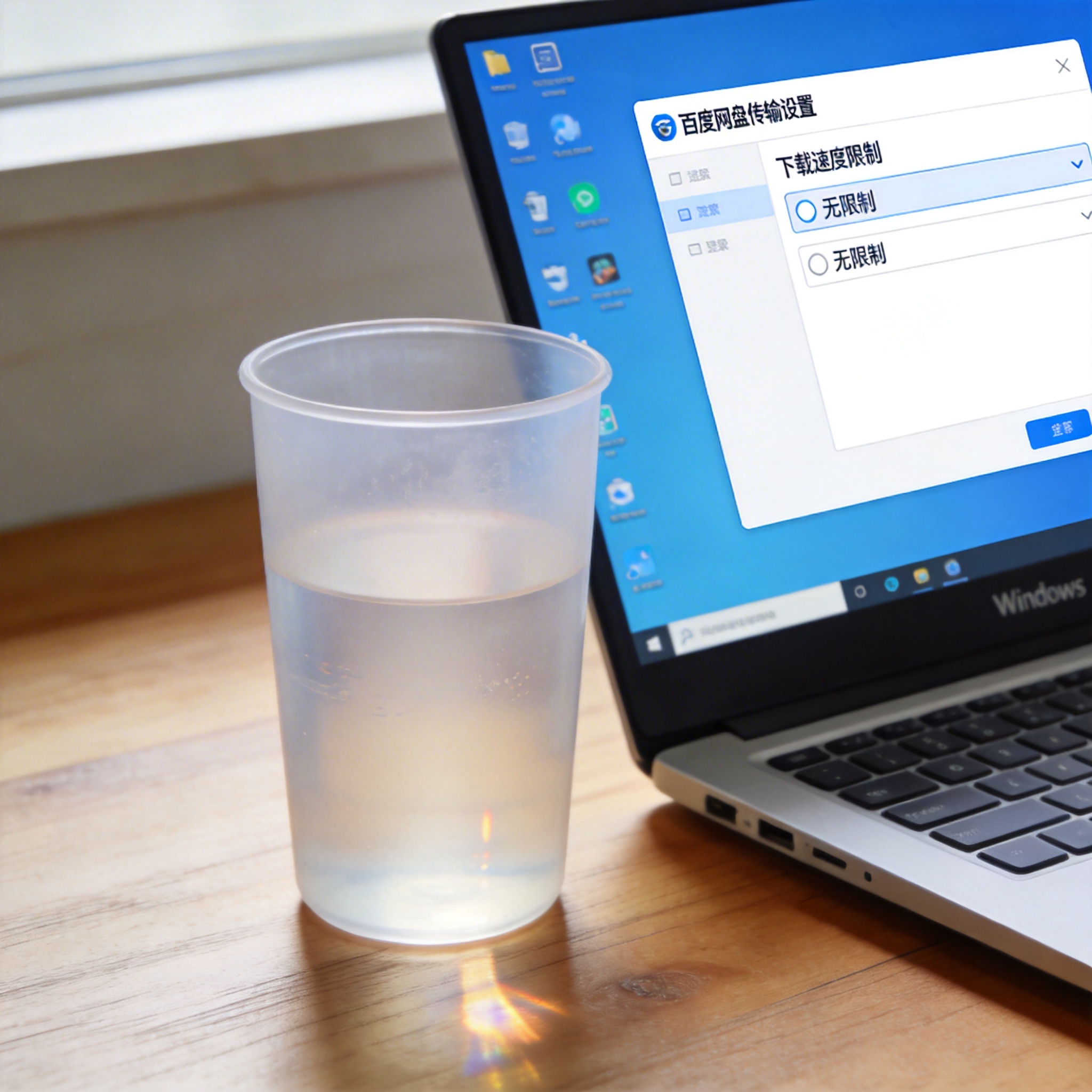 电脑桌的Windows系统电脑，屏幕显示百度网盘传输设置界面，下载速度限制设为无限制，旁边放着半透明水杯，室内自然光