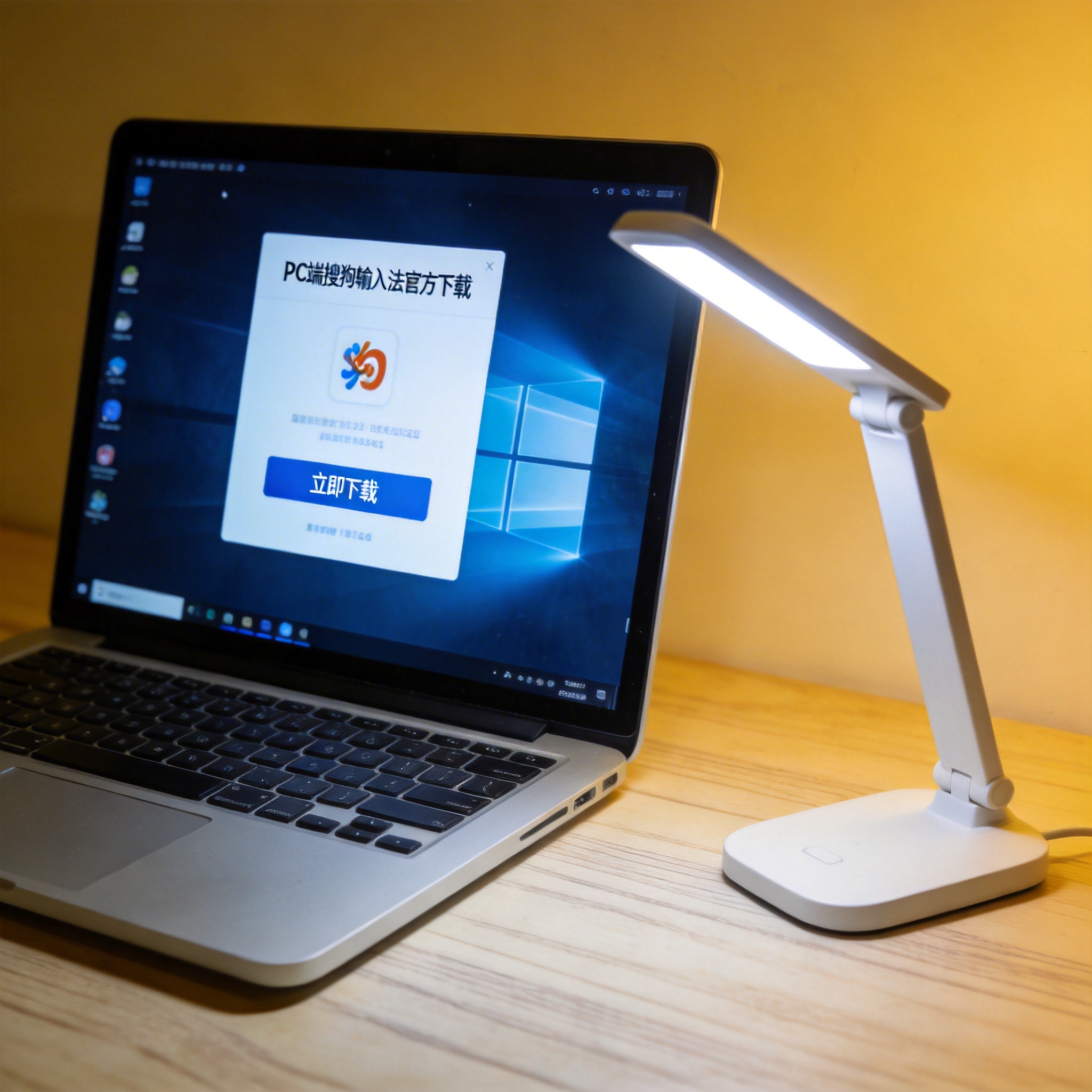 电脑桌上的电脑，屏幕显示PC 端搜狗输入法官方下载界面，旁边放着台灯
