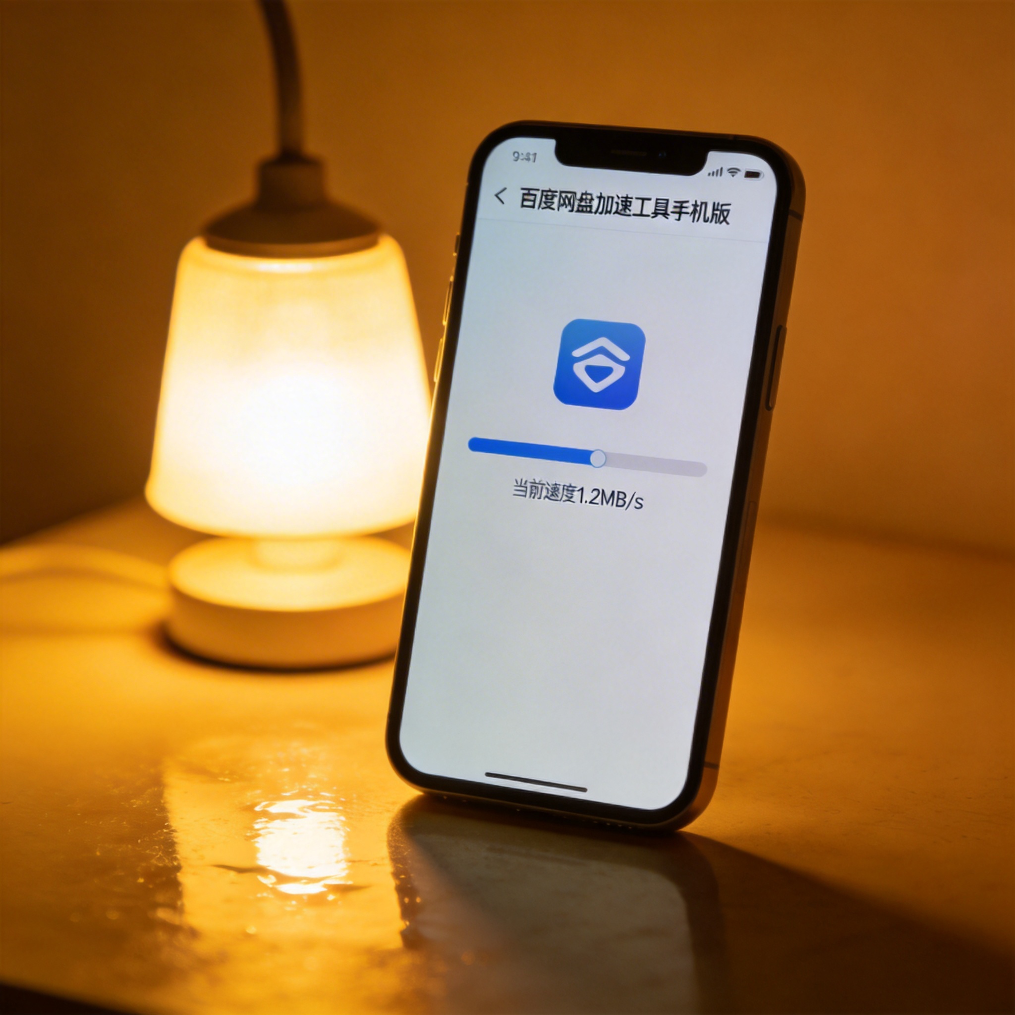 桌面的手机，屏幕显示百度网盘加速工具手机版的文件加速进度条，当前速度1.2MB/s，台灯暖光