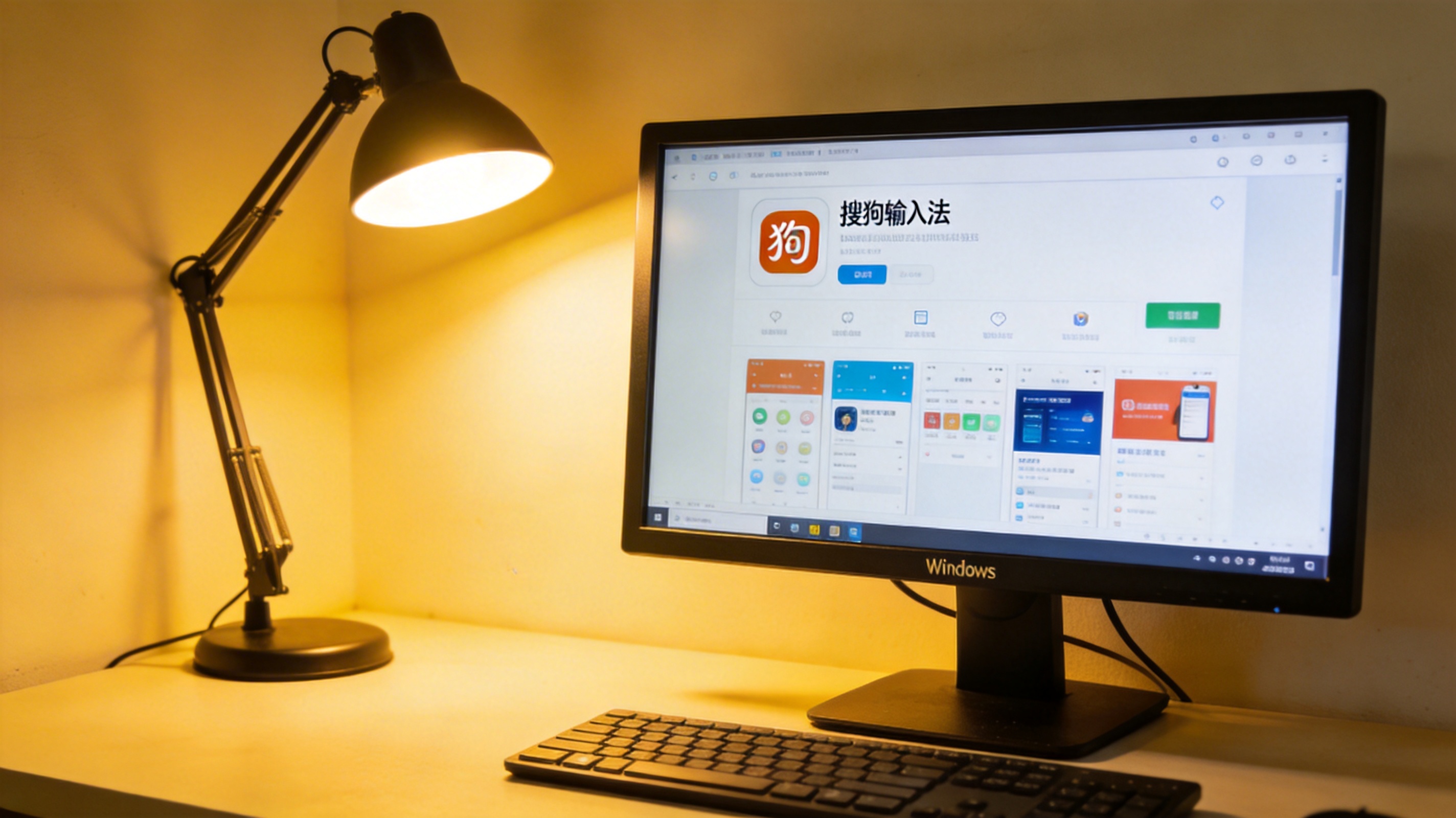 桌面的Windows系统电脑，屏幕显示应用商店里带官方标识的搜狗输入法下载界面，桌面角落有台灯光线