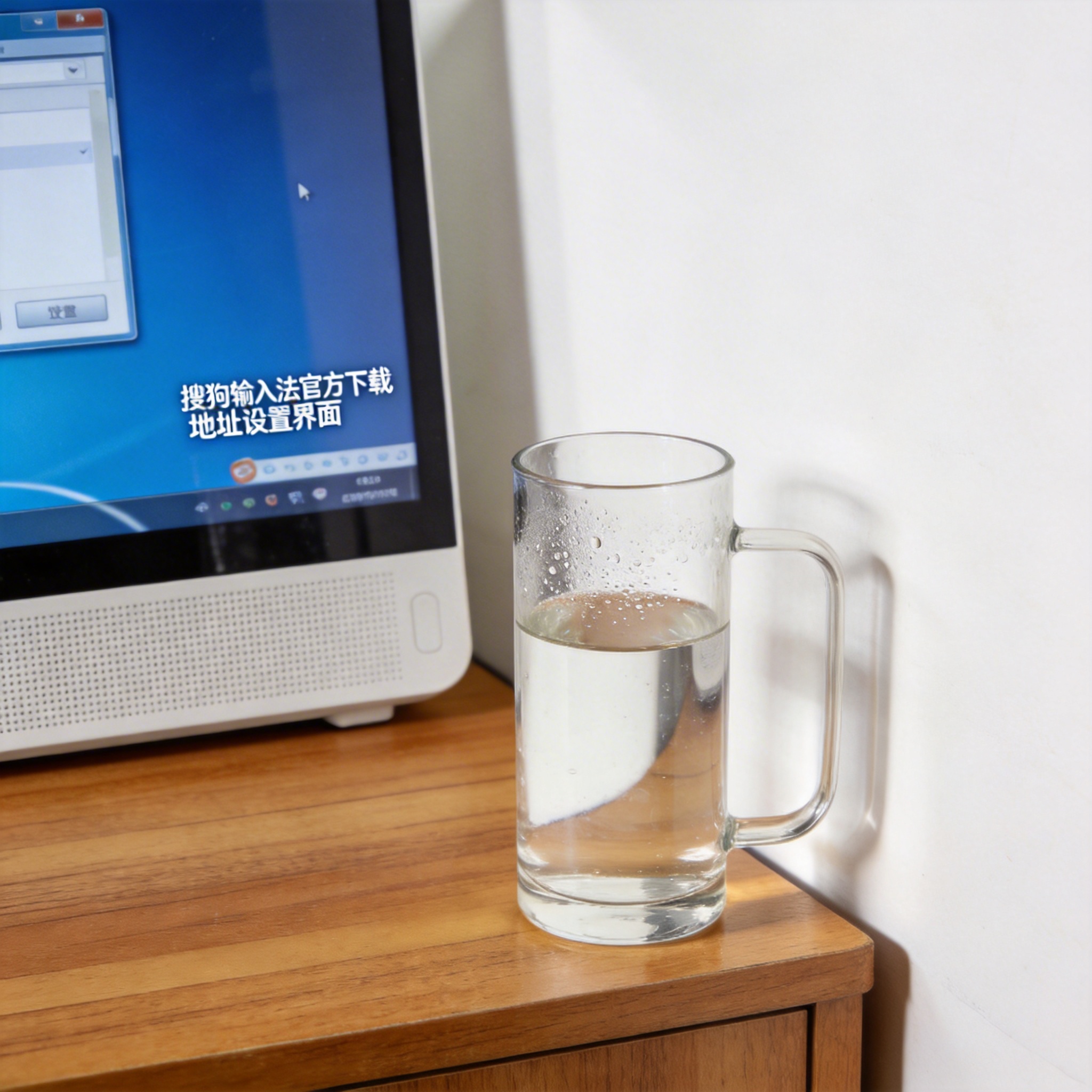书桌上的主机，屏幕显示搜狗输入法官方下载地址设置界面，桌角放着水杯，自然光