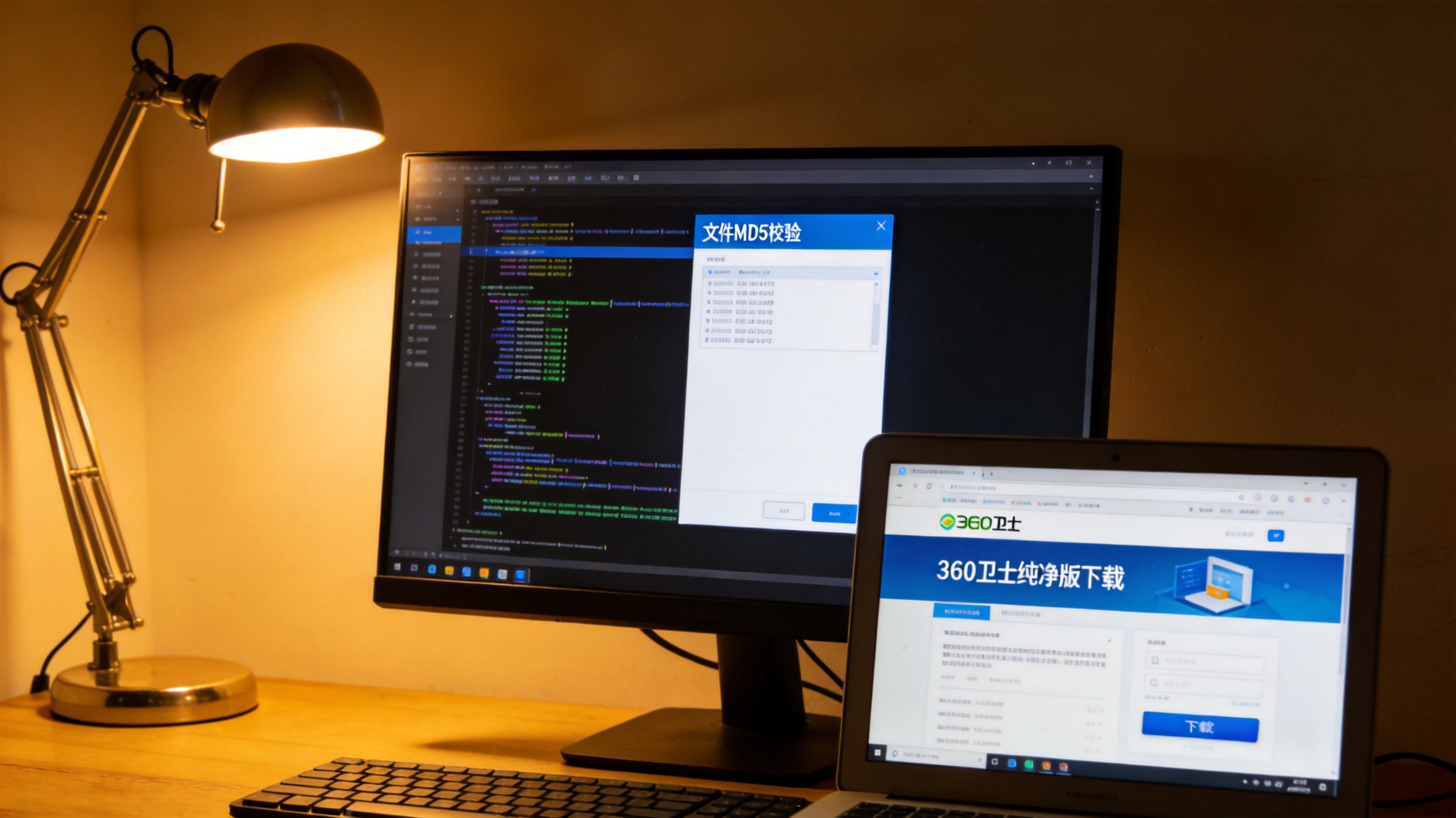 桌面的电脑屏幕显示文件MD5校验界面，旁边打开的网页是360卫士纯净版下载页，台灯暖光