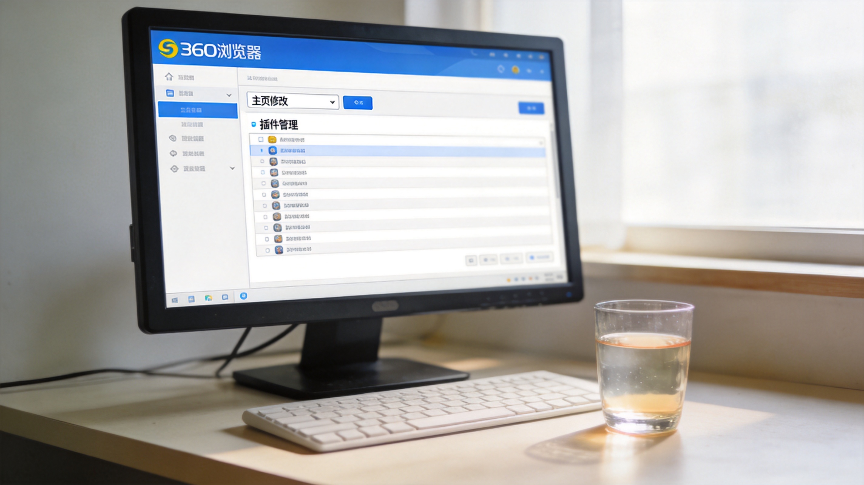 电脑桌面，屏幕显示360浏览器的设置页面，页面上显示主页修改选项和插件管理列表，旁边放着半杯温水，室内自然光